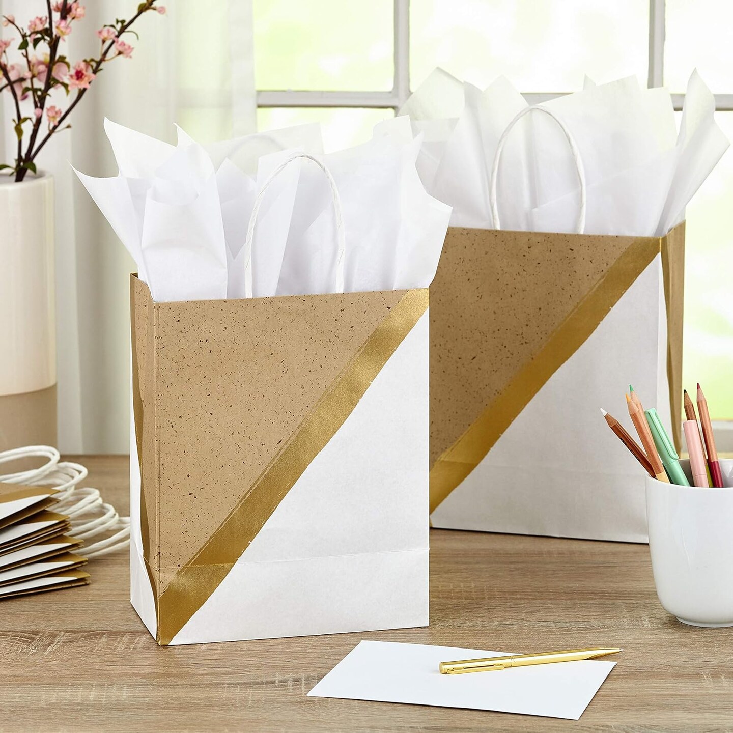 8-Pack 9" Medium Paper Gift Bags – White & Kraft with Handles, Gold Foil Accent for Birthdays, Easter, Weddings, Baby Showers, Graduations & Care Packages (White)