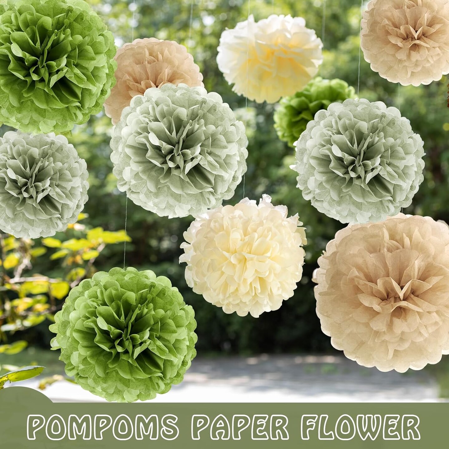 15 PCS Sage Green Pom Pom Decorations Sage Green Party Decorations Olive Green Decor Paper Flowers for Wall Sage Green Birthday Bridal Neutral Baby Shower Wedding Decor