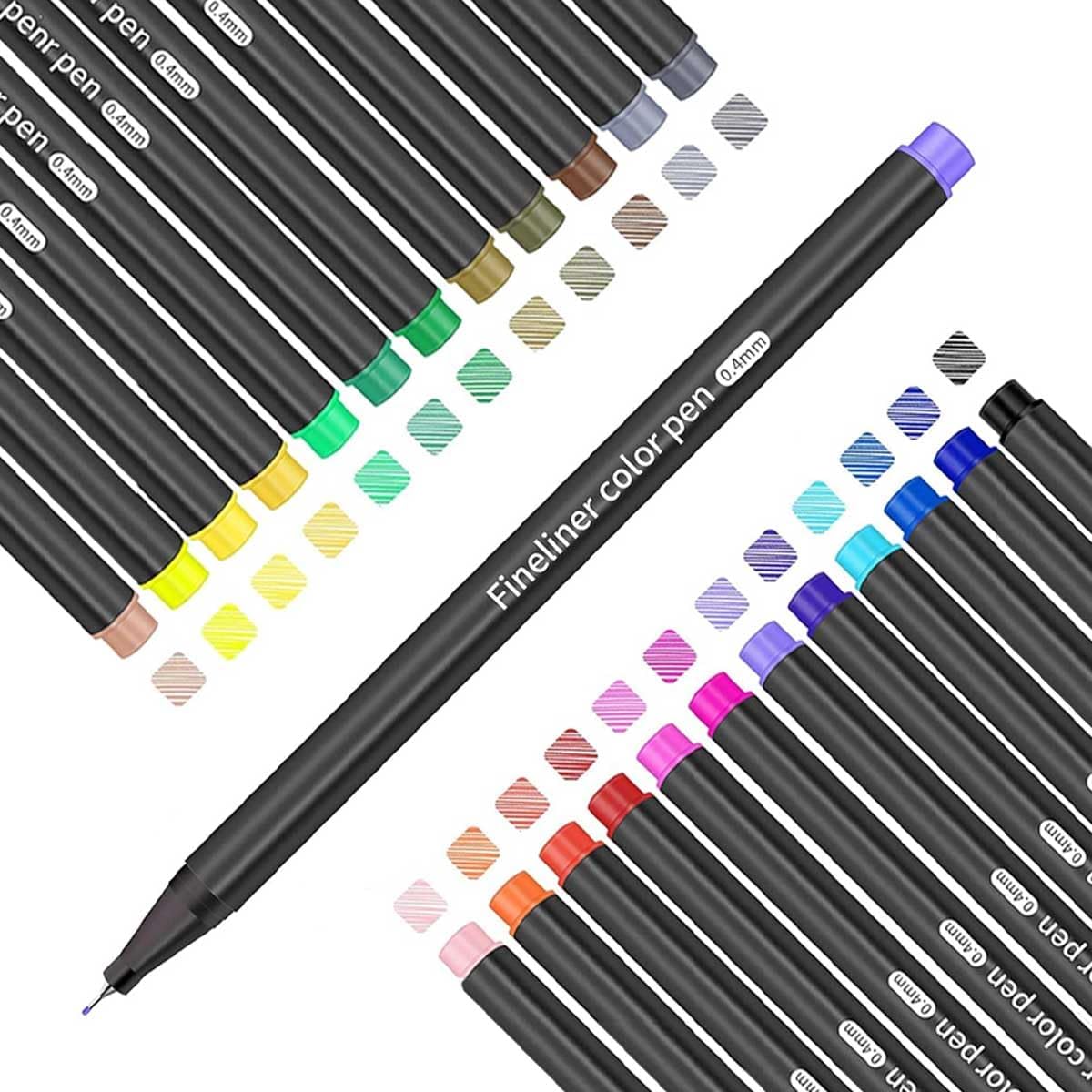 Fineliner Pens, Set of 24 Fineliners, 0.4 mm Tips Fine Point Markers, Assorted Art Pens, Water-Based Fine Tip Markers for Drawing, Sketching, Journaling and Calligraphy.