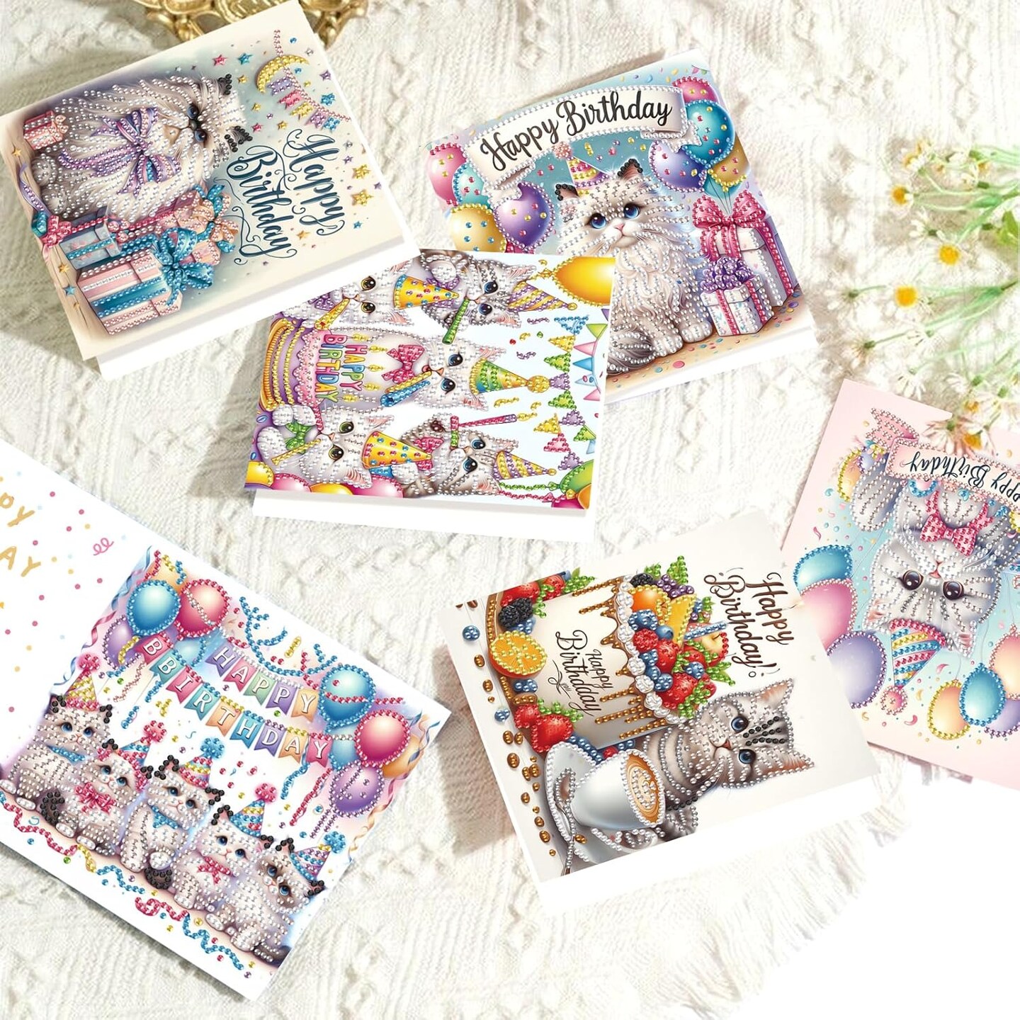 6pcs Diamond Painting Greeting Cards for Blessings and Wishes - Cat DIY Birthday card Special Shape Crystal Diamond Art Partial Mosaic Making Craft, Paper Material, Gift for Christmas Thanksgiving Day