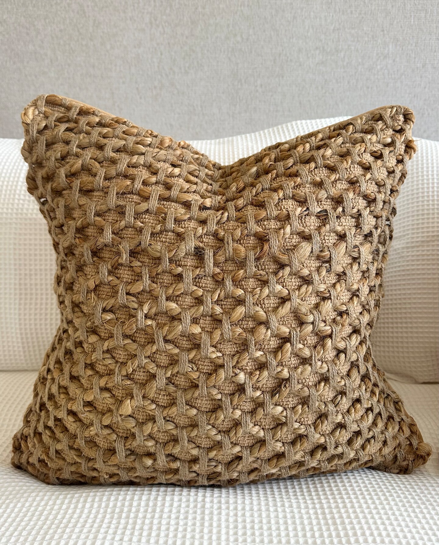 Braided Jute Boho Chic Pillow Cover 20&#x22; | Tan Woven Cotton Decorative Cushion | Rustic Farmhouse Neutral Throw Pillow