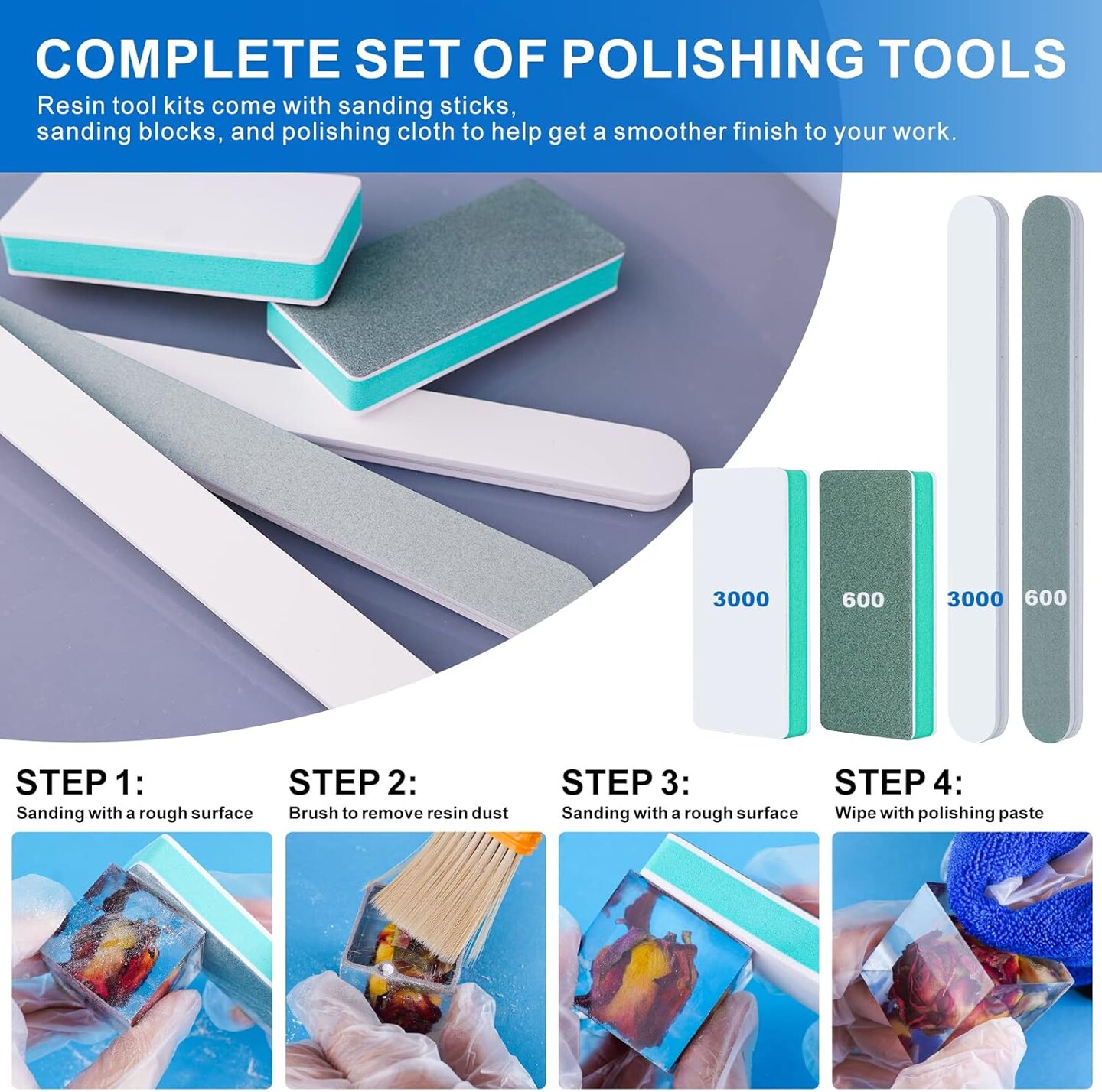 Polishing Kit,33Pcs Resin Supplies with Sandpaper,Resin File Kit,Polishing Strips&#x26;Blocks,Scissors,Wooden Brush,Cloth, Tools for Jewelry Making Supplies, Silicone Molds