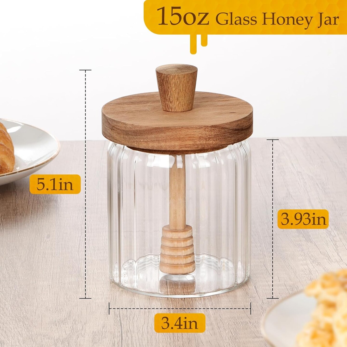 15oz Glass Honey Jar with Dipper Stick and Wooden Lid, Honey Pot with Wooden Dipper, Airtight Honey Containers with Dipper