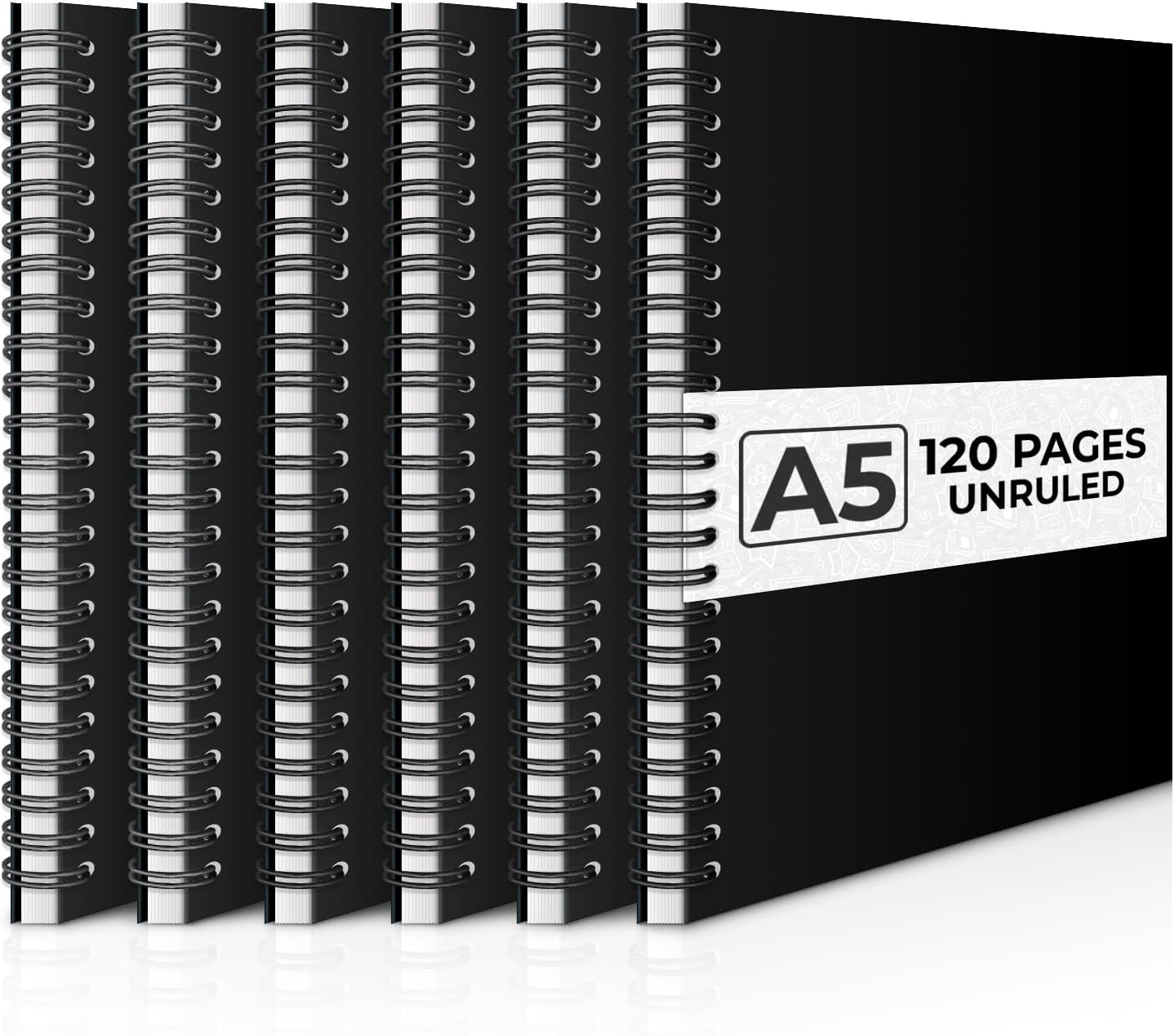 Unlined Spiral Notebook, 6 Pack, 8.3 x 5.8&#x22;, 120 Pages (60 Sheets), Thick Black Water Resistant Cover, Thick No-Bleed 100 GSM Blank Paper, A5 Unlined Notebook, Travel Journal, Small Blank Sketchbook