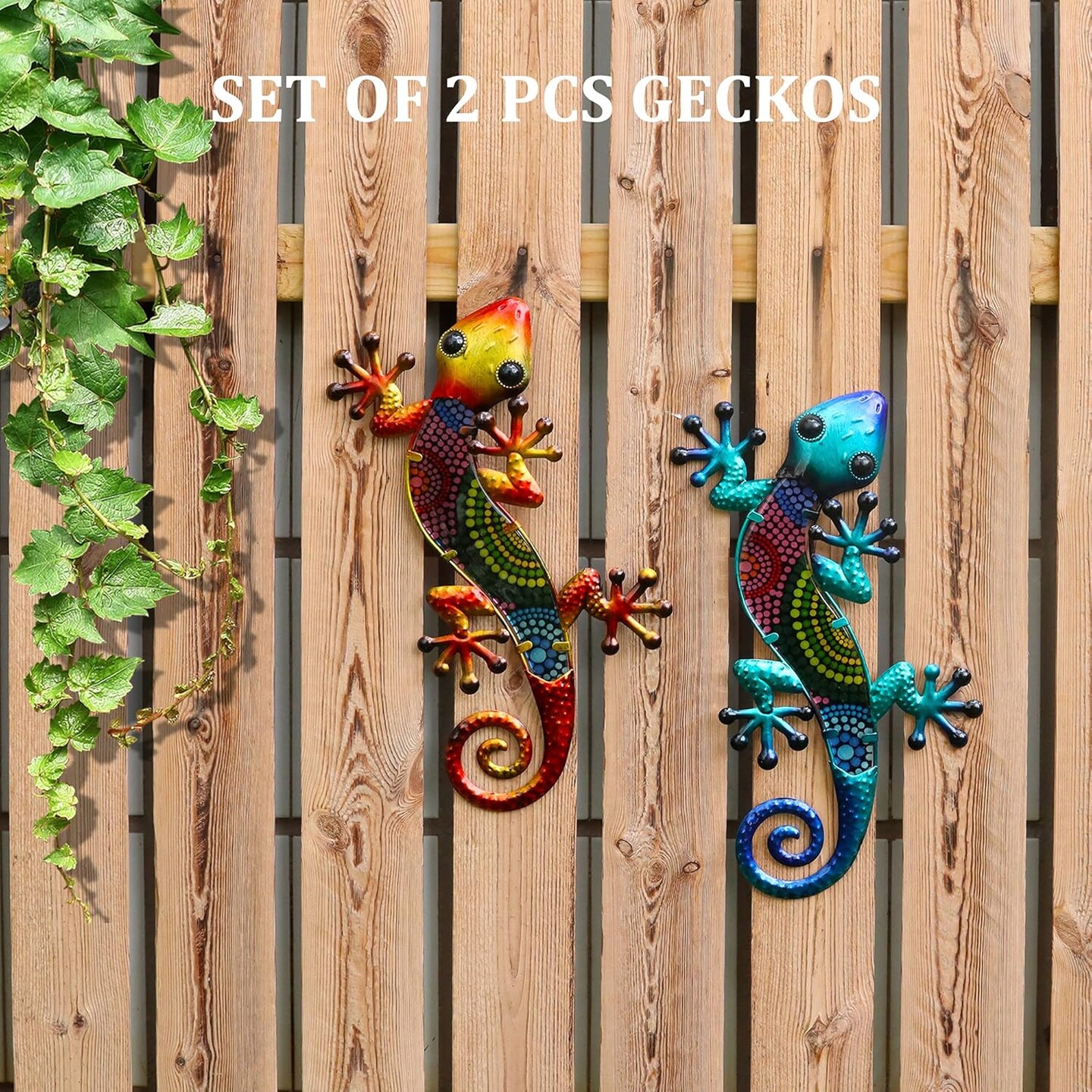Summer Metal Gecko Wall Art 2 Pack 15 Inch Lizard Outdoor Decor Hanging Glass Sculpture Decoration for Garden Fence Home