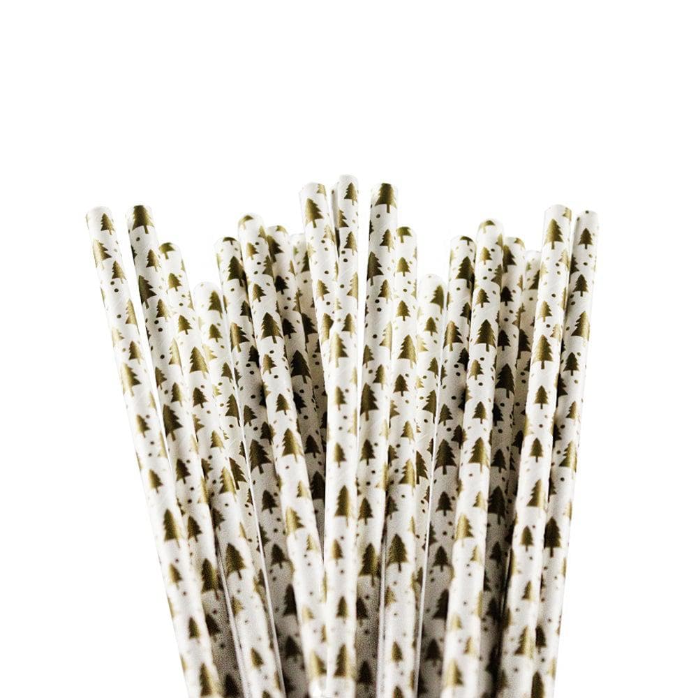 Gold Christmas Trees Cake Pop Party Straws