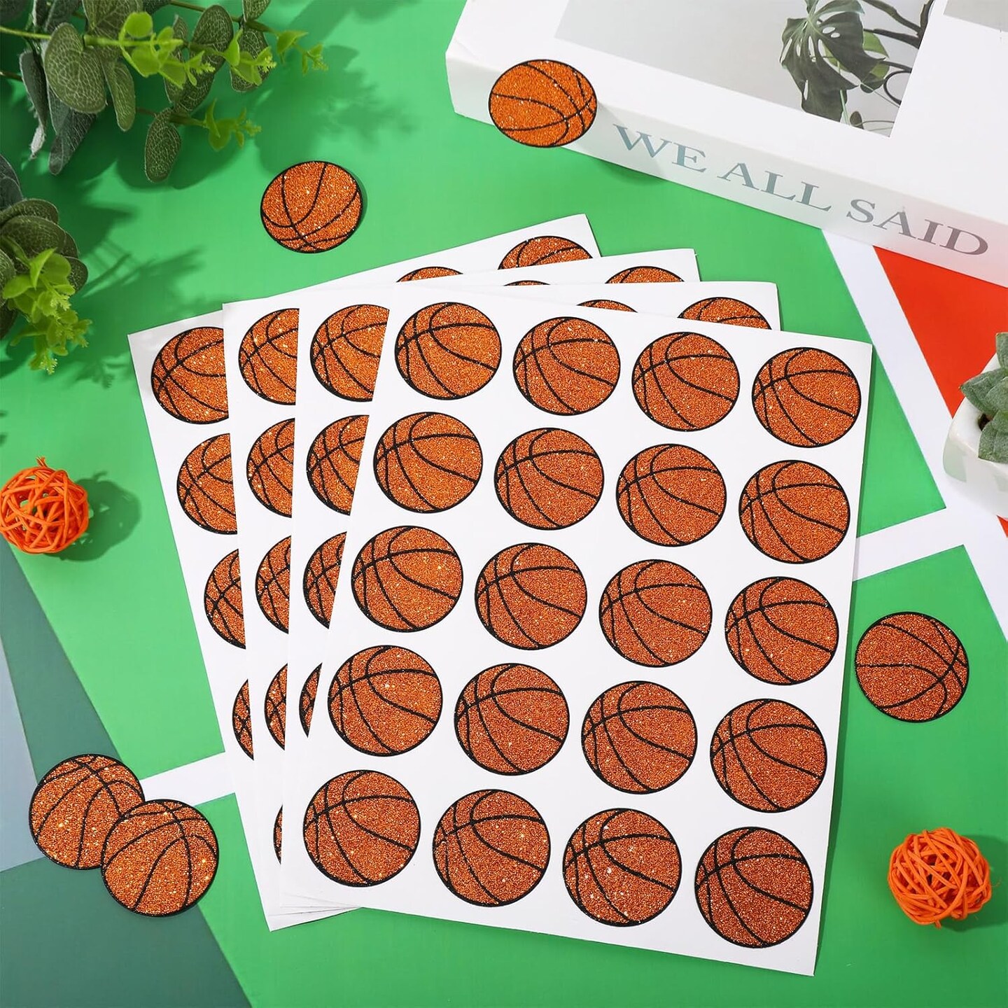 500Pcs Glitter Basketball Sticker Sport Paper Decal Self-Adhesive Sticker Label for Party Favor Envelope Scrapbook DIY Supplies, 1.5 in