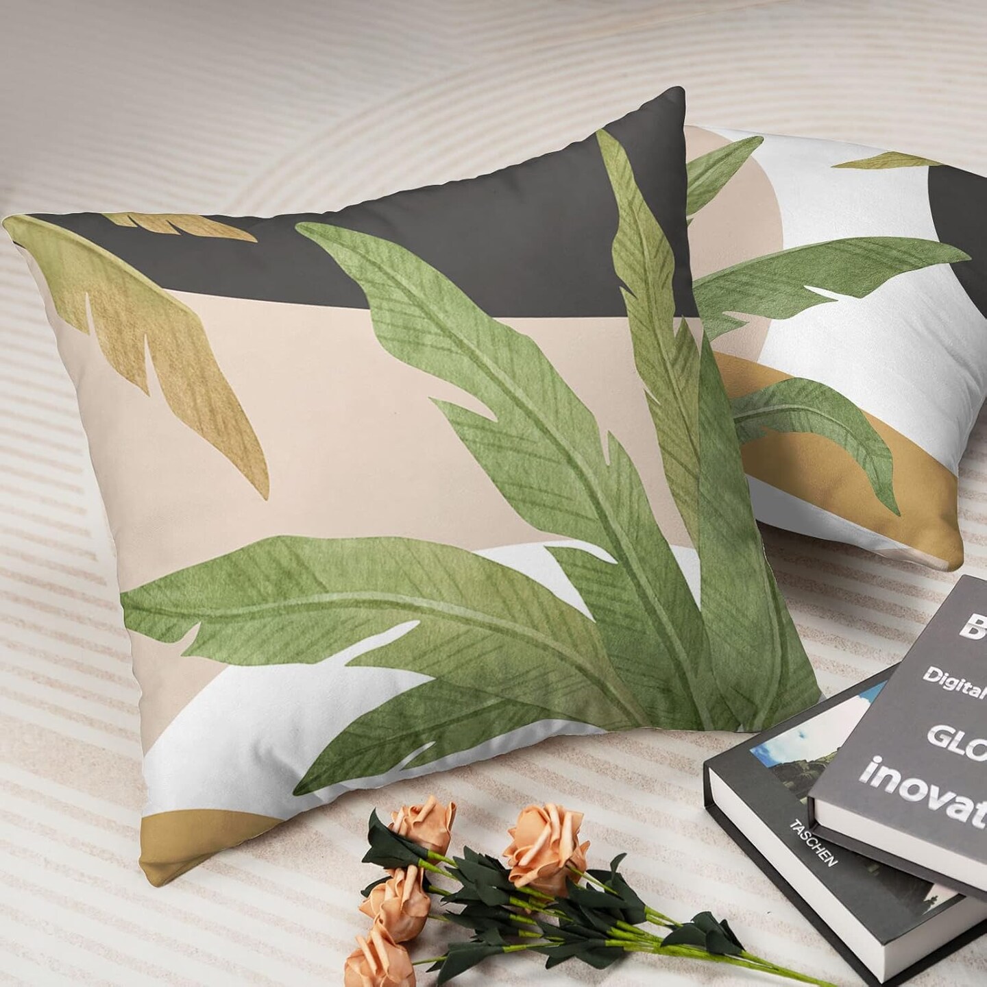 Green Leaves Spring Summer Throw Pillow Covers Geometric Palm Tree Pillow Covers 18x18 Set of 2 Modern Home Decor Room Tropical Outdoor Decorative Pillowcase for Sofa Bed Couch
