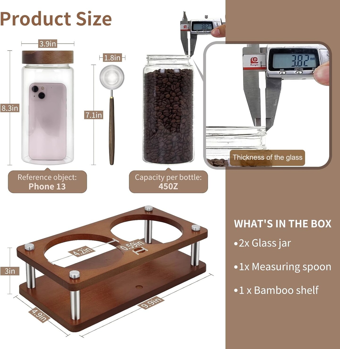 Glass Coffee Grounds Container with Shelf, 2 &#xD7; 45 oz Glass Coffee Canisters with Airtight Thread Lid, Glass Storage Jars with Stainless Steel Spoon for Coffee Bean, Sugar,Nut
