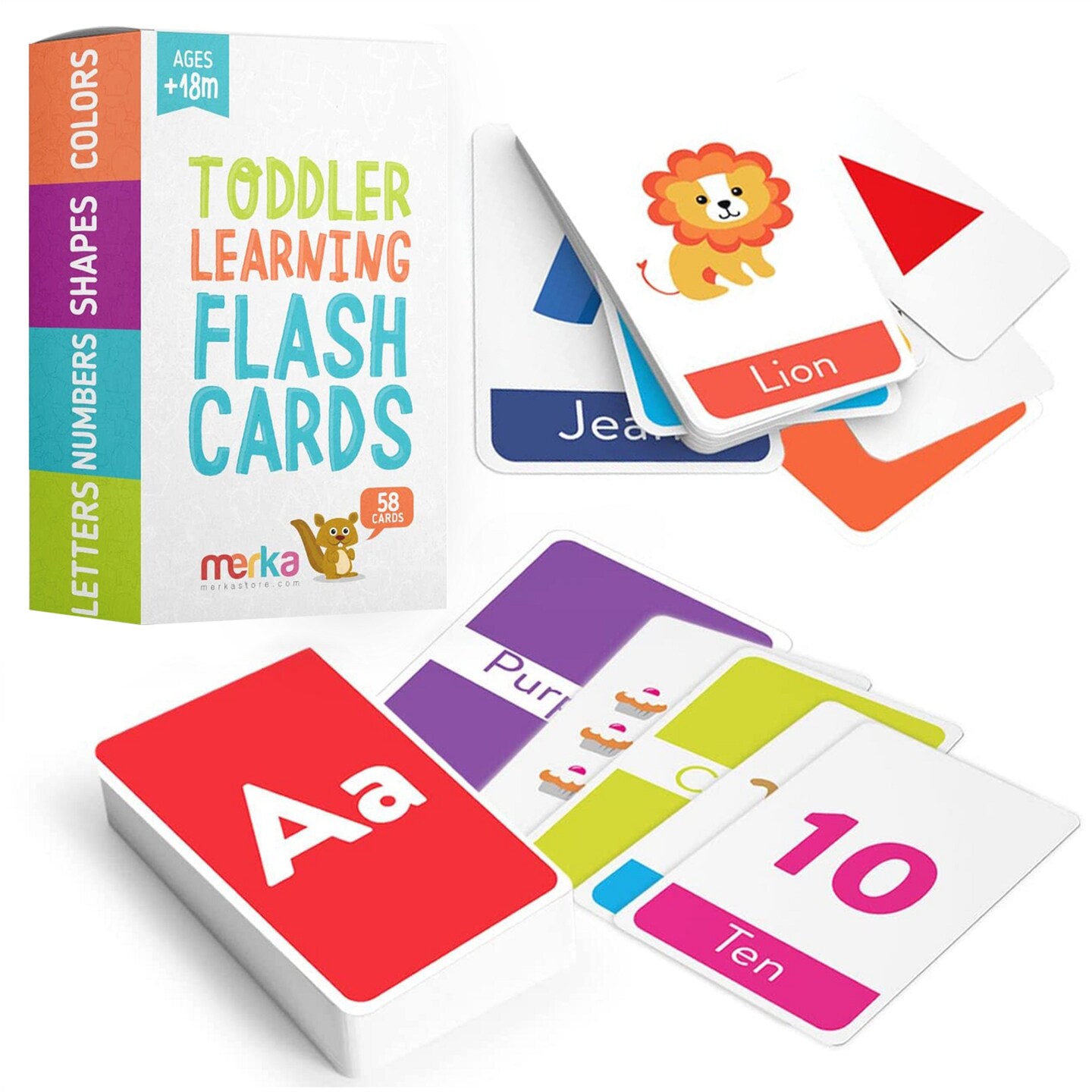 merka Toddler Flash Cards, Set of 64 Alphabet, Letters, Colors, Shapes and Numbers, Baby Learning Cards, Educational, Preschool, Toddler Flashcards, Double-sided, for Toddlers 1-4 Years