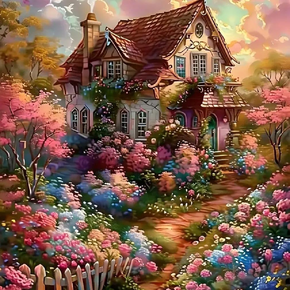 5D Diamond Painting Kits for Adult, House Flower Diamond Art Kits for Beginners, DIY Full Drill Floral Diamond Dot Gem Art Kits for Home Decor 12 x 12 Inch Country