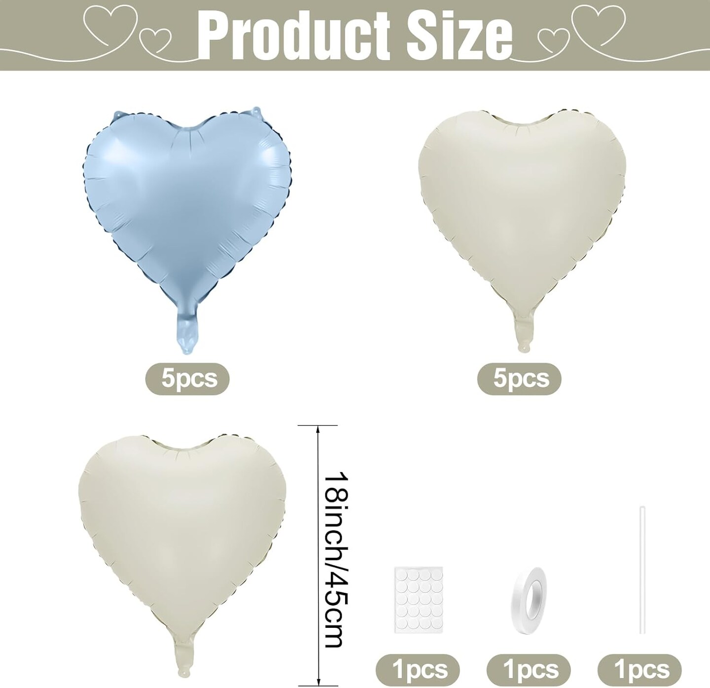 Baby Blue Heart Balloons,10Pcs Cream White Blue Foil Heart Shaped Balloons,18Inch Sand White Pastel Blue Helium Mylar Balloon for Valentines,Engagement,Brithday,Baby Shower,Wedding Party Decorations