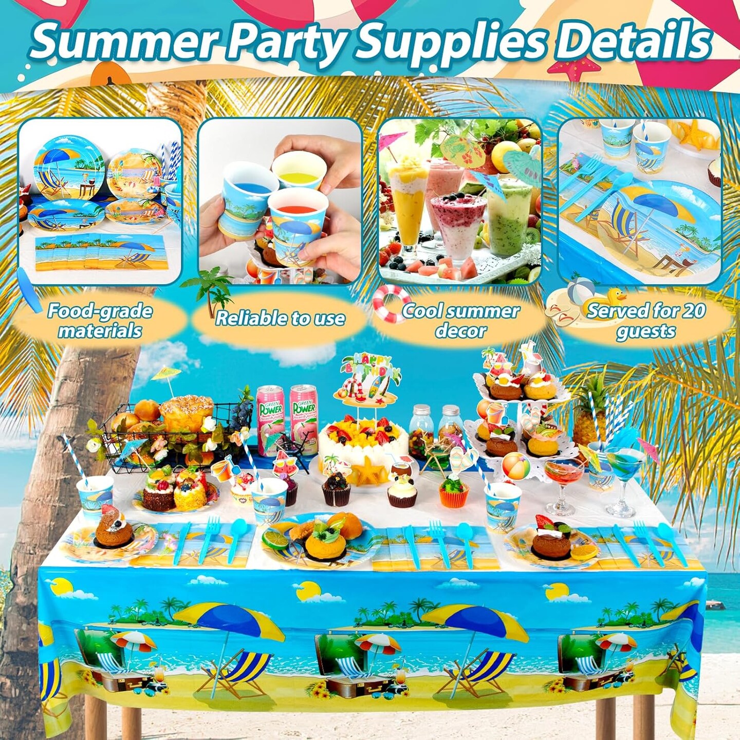 Summer Party Decorations, Pool Party Decorations Include Balloons, Summer Backdrop, Birthday Banner, Palm Leaves, Tablecloth, Plates, Cups, Cake Toppers for Beach Theme Party Supplies