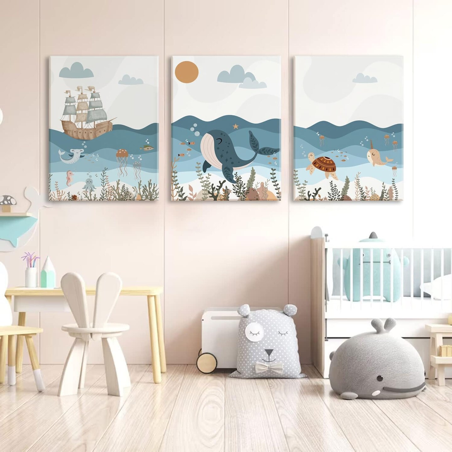 Framed Summer Blue Ocean Nautical Nursery Canvas Wall Art Decor Sea Turtle Whale 12&#x22;x16&#x22;