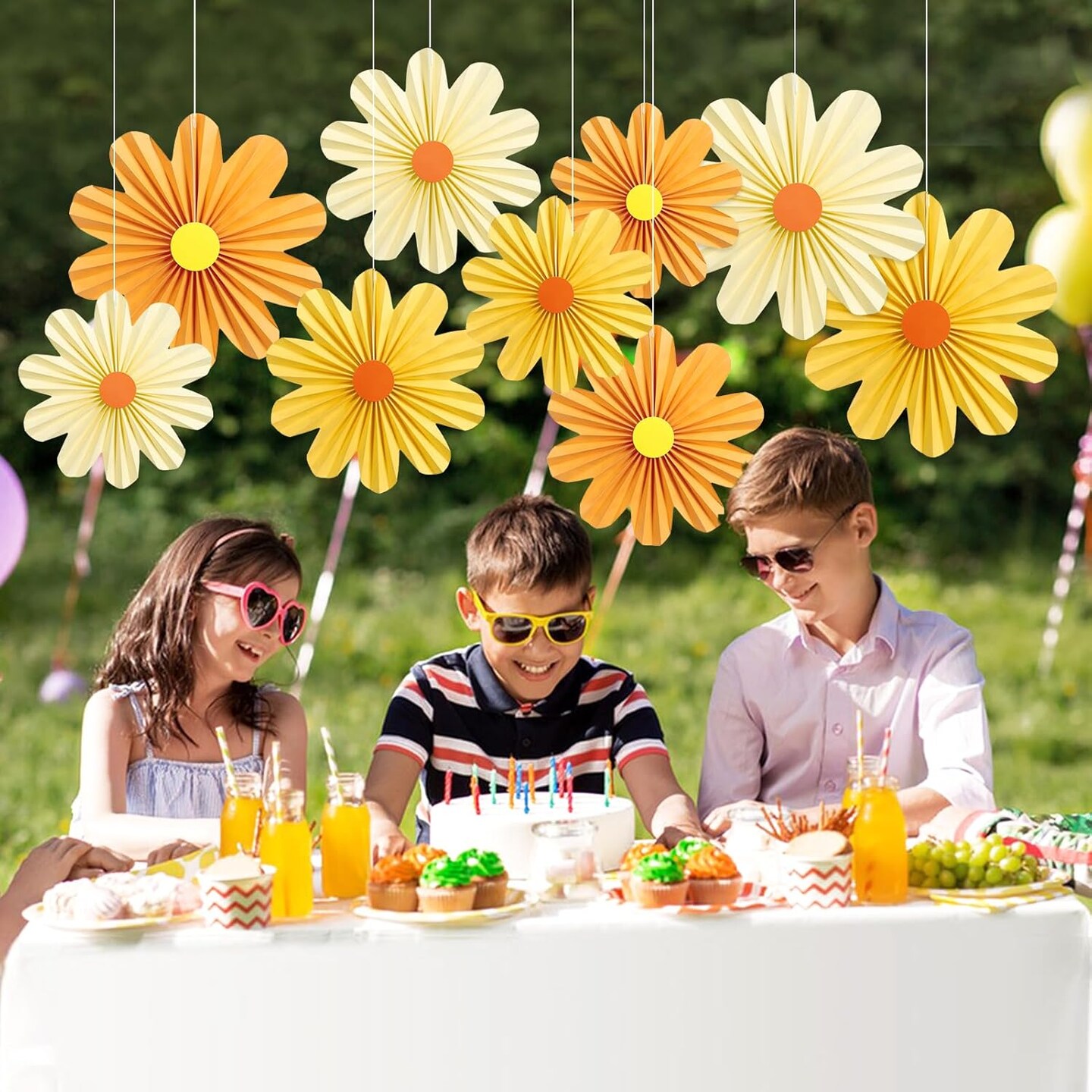 9 PCS Orange Paper Flowers Decorations for Wall Paper Fans Daisy Decoration Paper Floral Backdrop Decor Paper Fans Decoration