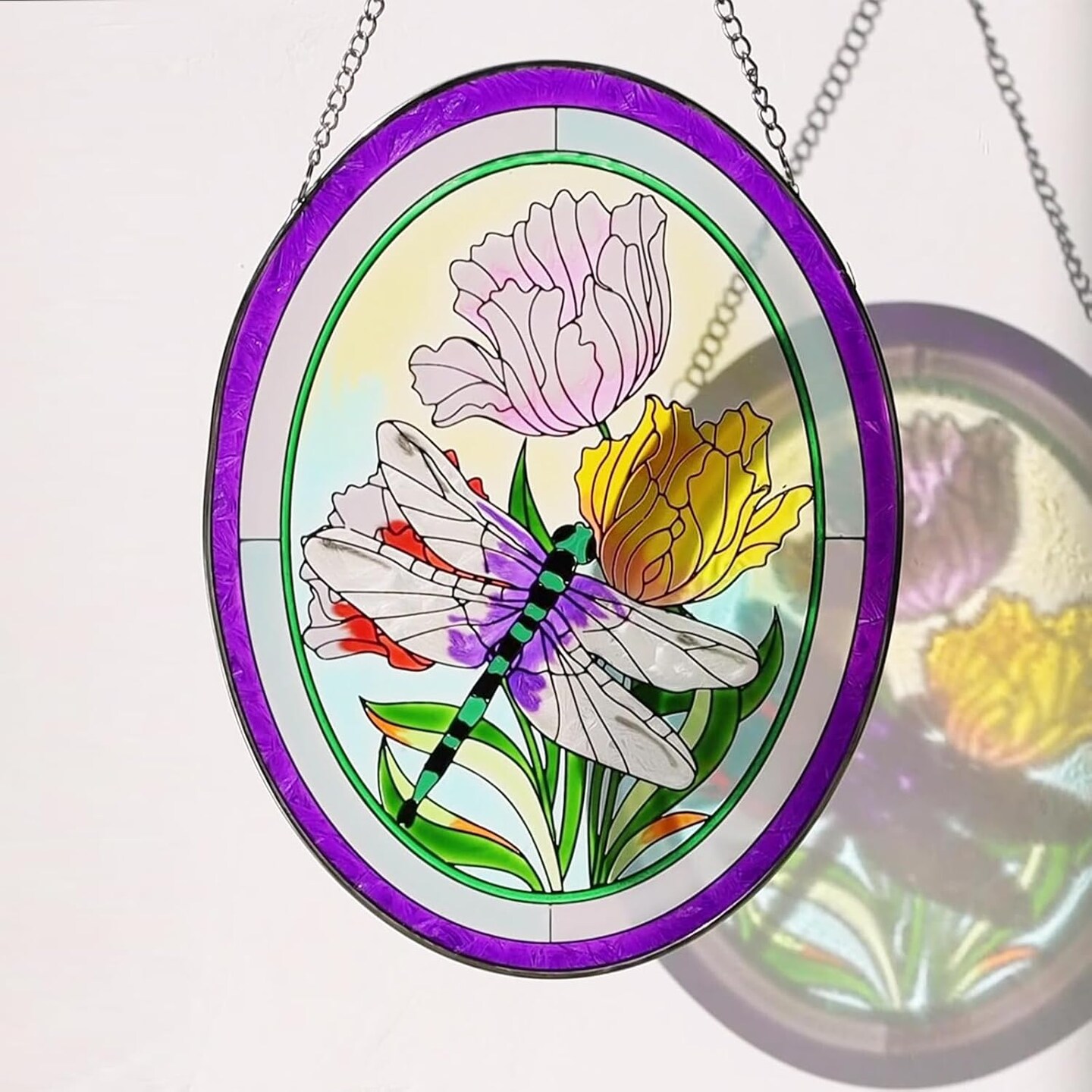 Summer Stained Glass Window Hanging Dragonfly Suncatchers 10 Inch Glass Panel Sun Catchers Indoor Window Wall Art, Stained Glass Dragonfly Light Catchers for Windows Handmade Glass Art Gift