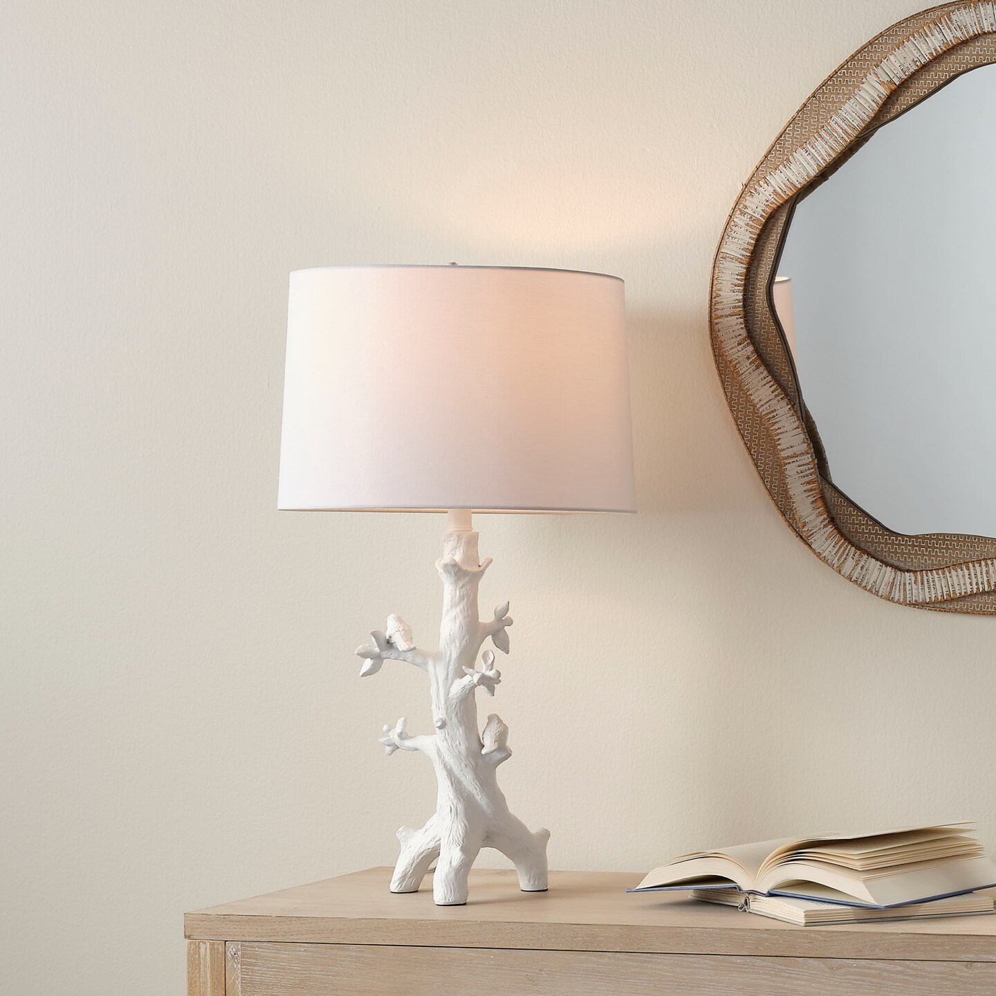 Jamie Young Company Birds and Sprouting Leaves Table Lamp with White Linen Shade - 28" - Cream