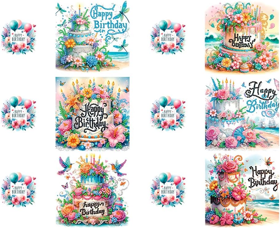 6 Packs Happy Birthday Diamond Painting Greeting Cards with Envelop, Birthday Cake Diamond Art Cards, Flower Bird Butterfly Diamond Greeting Card Arts Kit for Birthday