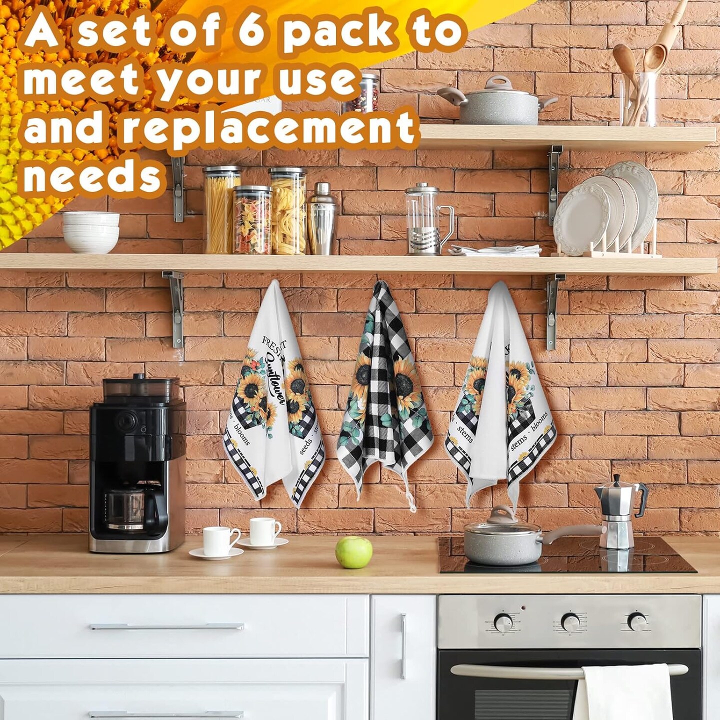 6 Pcs Sunflower Kitchen Towels Summer Buffalo Plaid Dishtowels for Kitchen Ultra Absorbent Black and White Hand Wash Cloth Sunflower Decor Decorative Set for Bathroom Housewarming Gift