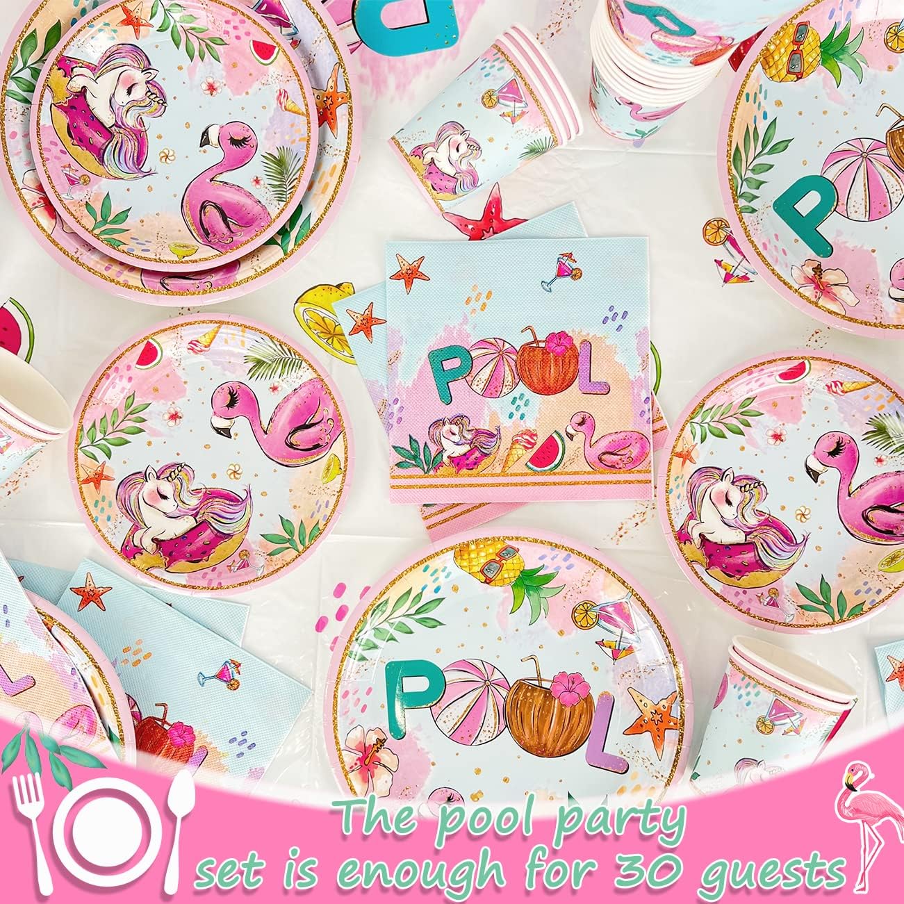 Summer Pool Party Decorations- 121PCS Pink Pool Plates and Napkins Set Beach Party Cups Tablecloths Flamingos Unicorns