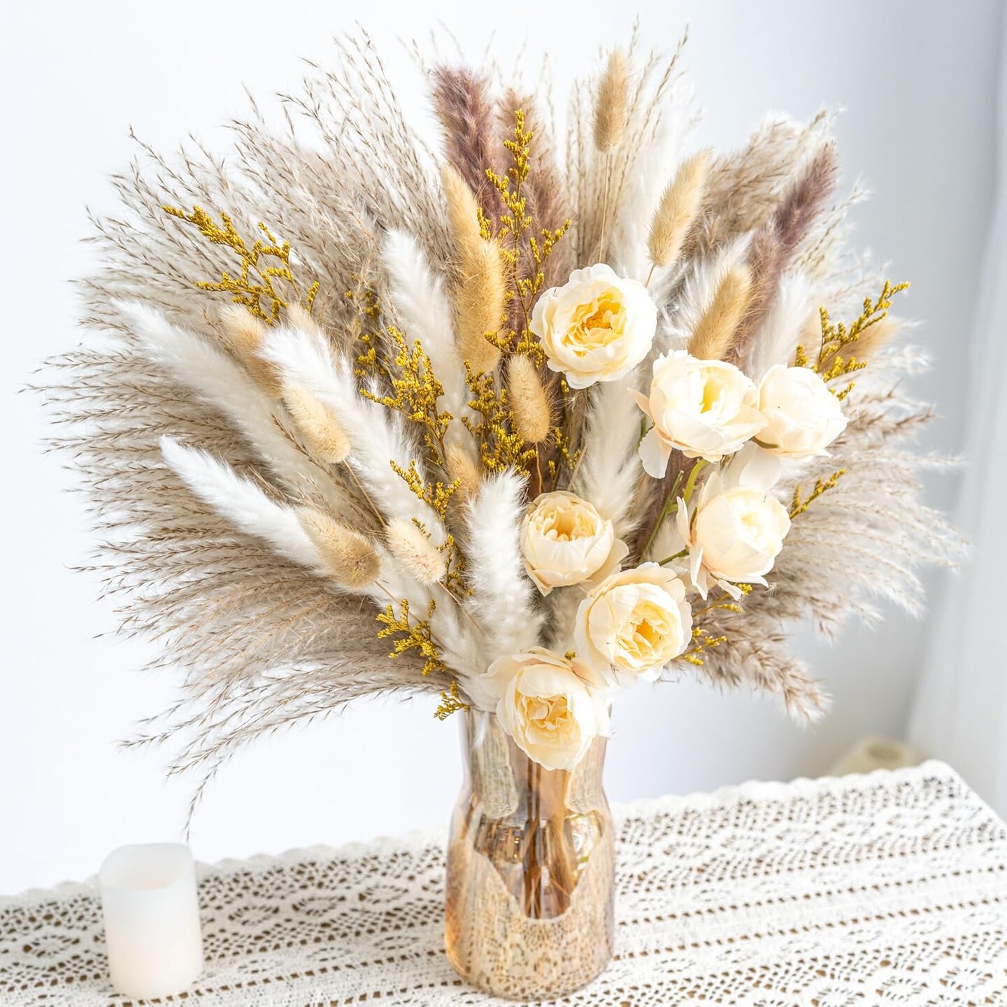 Pampas Grass Decor,Dried Pampas Grass Mix Bouquet | Dried Flowers Bouquet for Wedding Boho Flowers Home Table Decor Desk Decor, Rustic Farmhouse Decor Boho Flowers Home Table Decor (White&#x26;Beige)