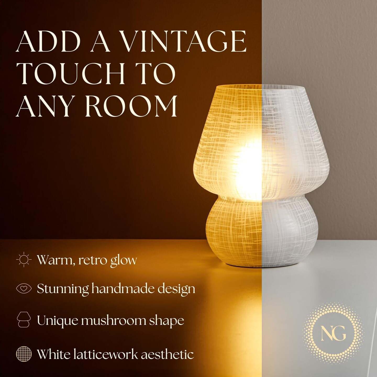 Next Glow Mushroom Lamp - Retro Funky Aesthetic LED White Table Lamp, Dimmable E26 Socket Bulb
