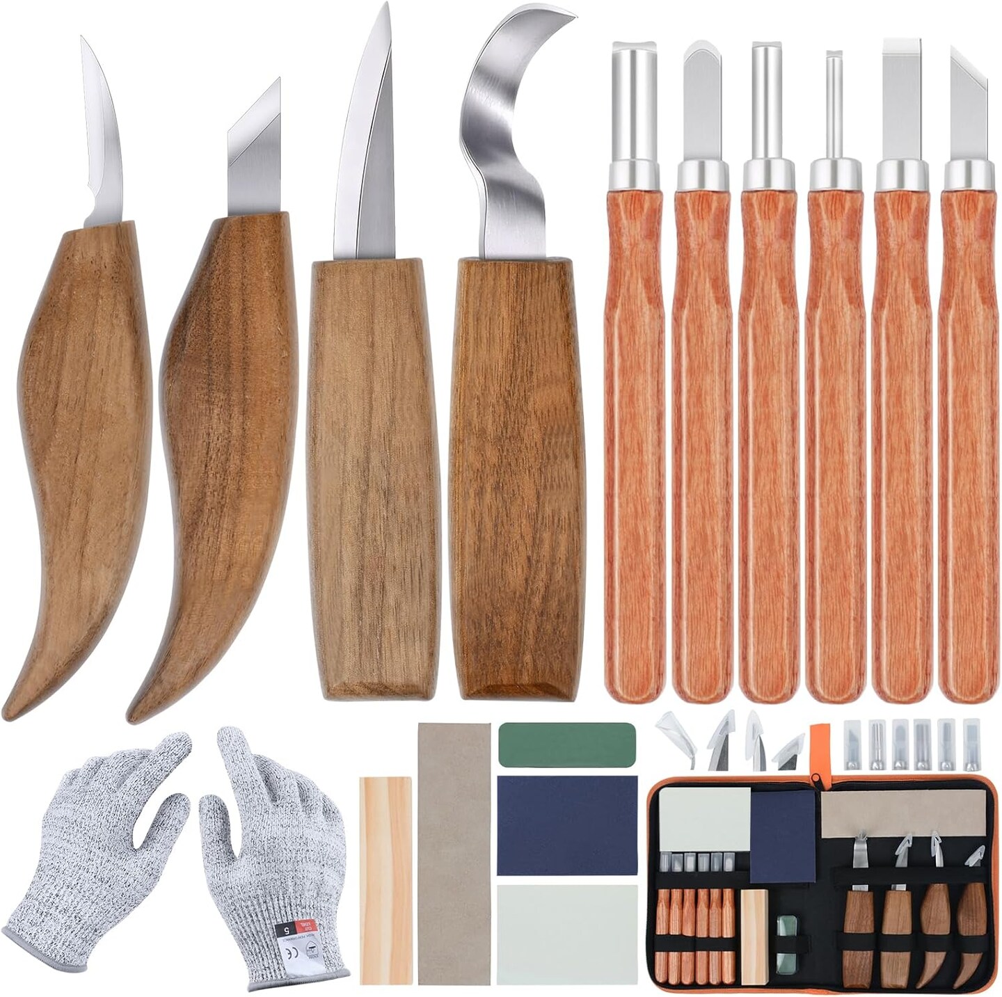 17Pcs Wood Carving Tools Kit - Beginner&#x27;s Wood Whittling Set with 6Pcs Carbon Steel Knife, Gloves, Knife Sharpener for Spoon, Bowl, Kuksa Cup