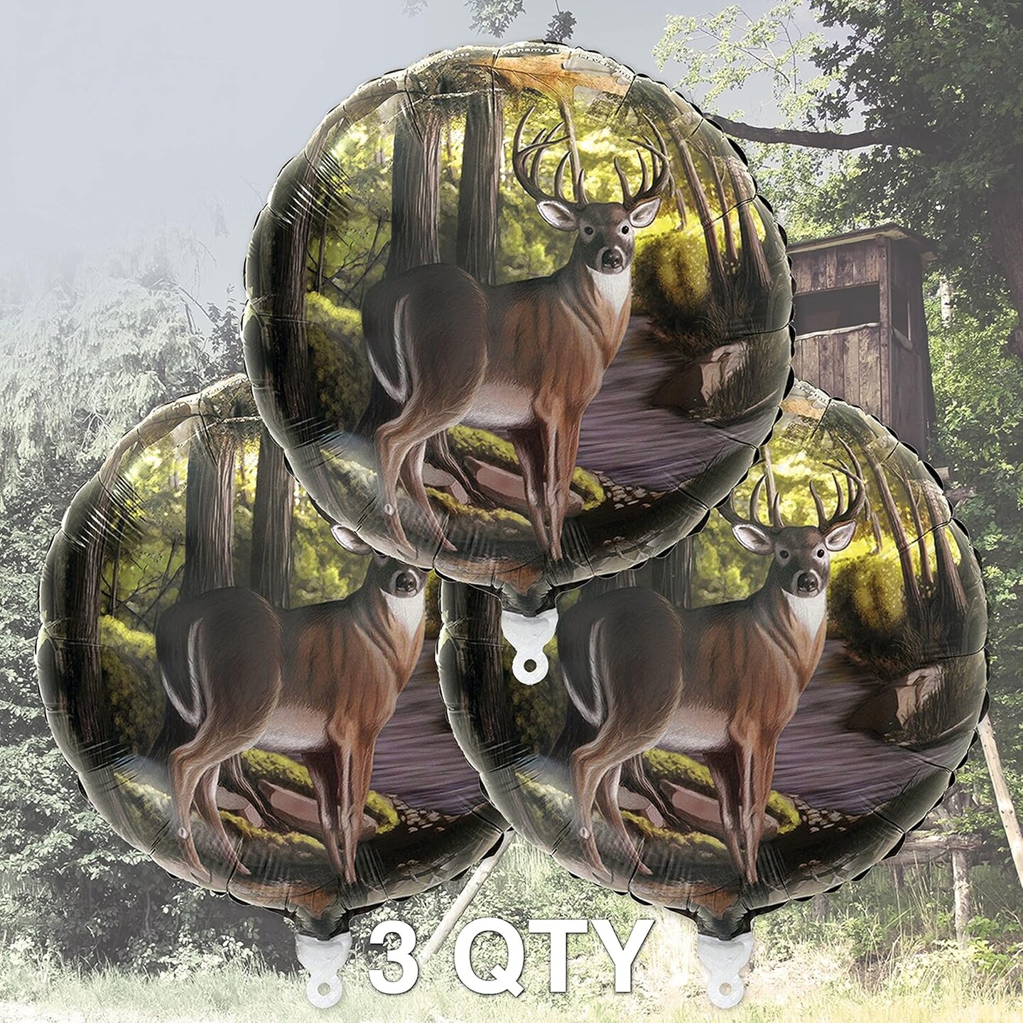 Buck Party Balloons (3 pcs.)! 3 Deer (18&#x22;) Mylar Balloons in Next Camo pattern. Camouflage Motif with Beautiful Buck. Great for Hunter Themed Party, Birthdays, Graduations, Father&#x27;s Day.