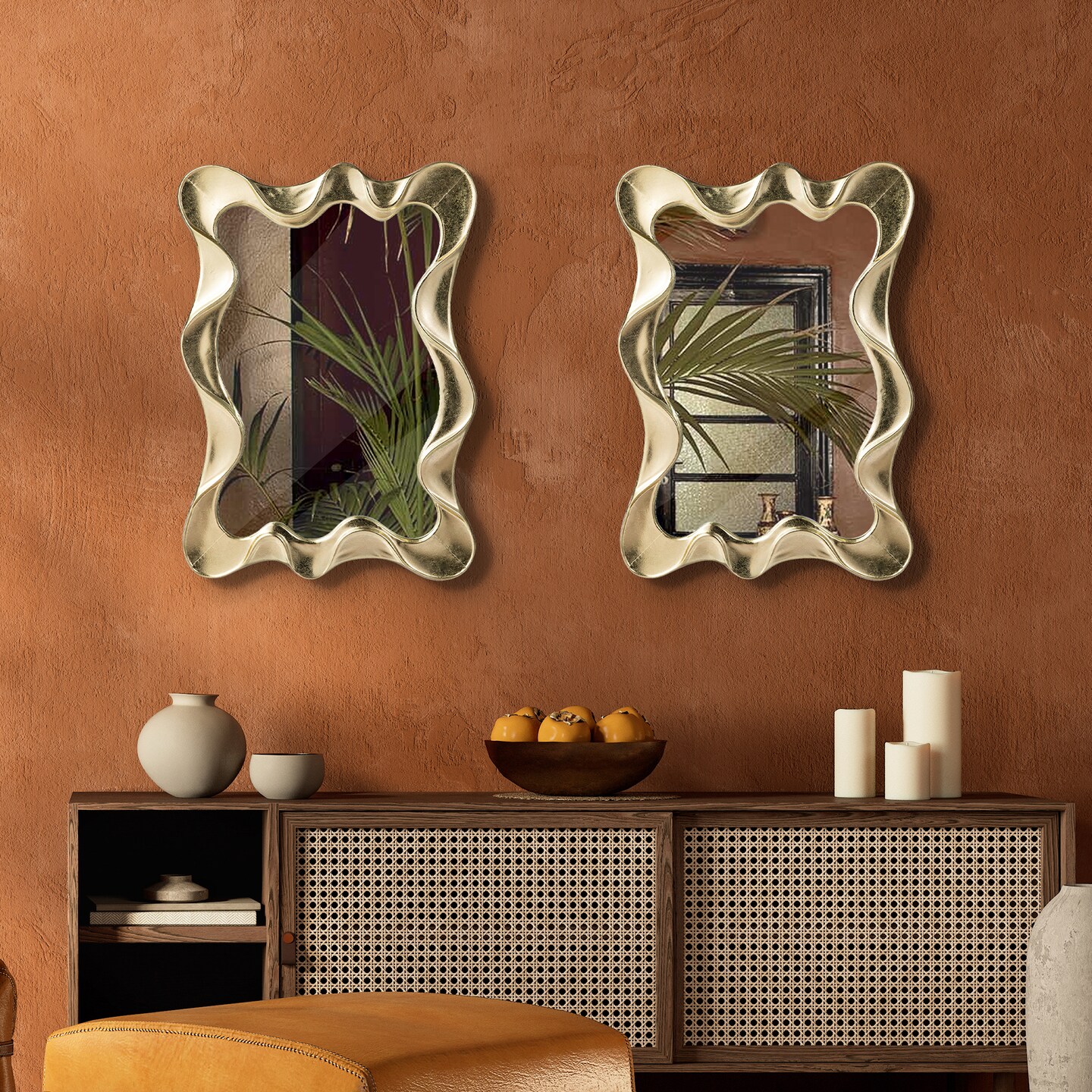 Set of 2 34.25"H Modern Gold Foil Metal Frame Wavy Wall Mirror