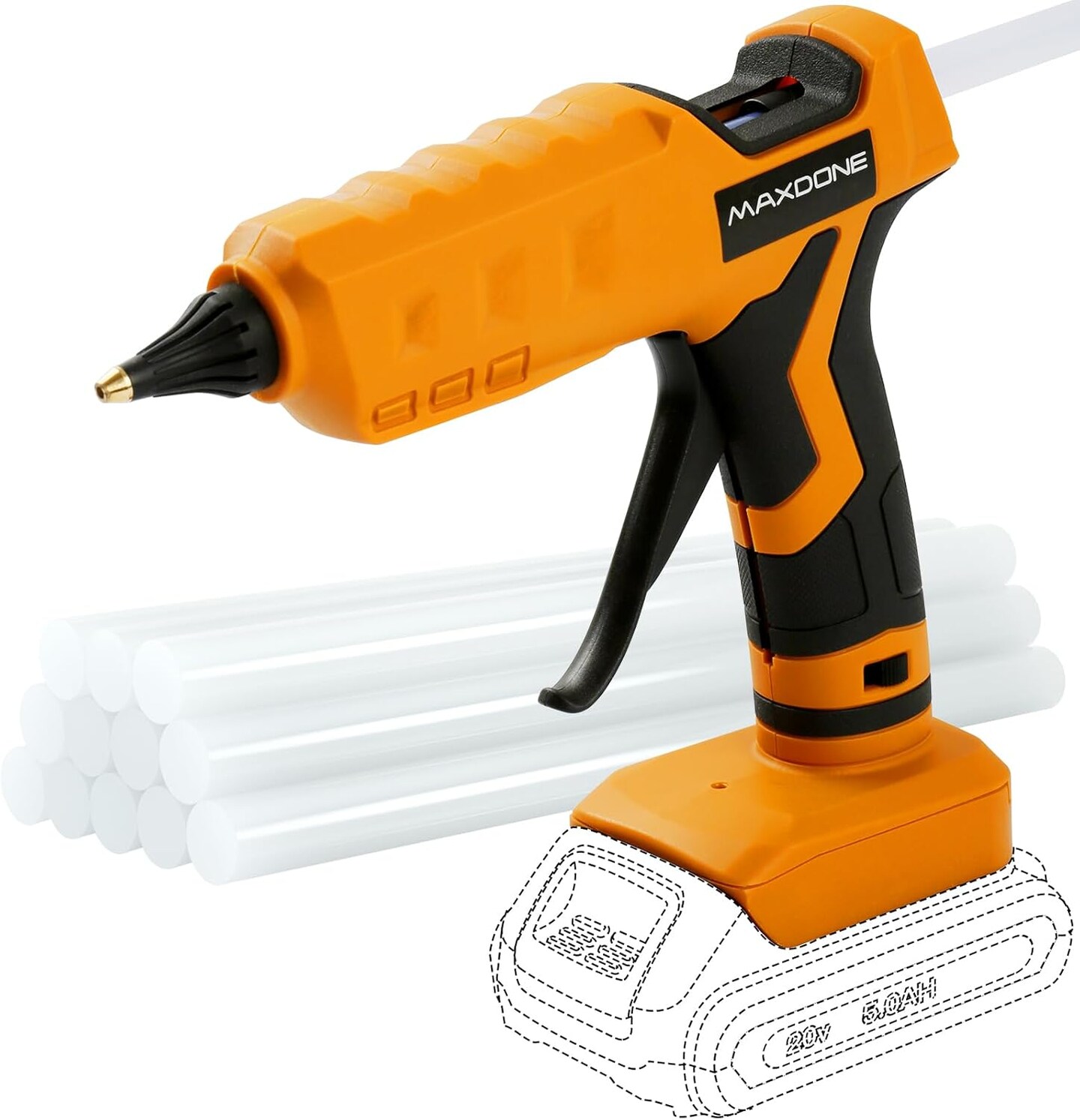 Cordless Hot Glue Gun 100W 20V Battery Handheld Wireless Power Glue Gun Full Size with 12pcs Glue Sticks(0.43")(11mm) for Art DIY Craft Home Repair School(Battery Not Included)