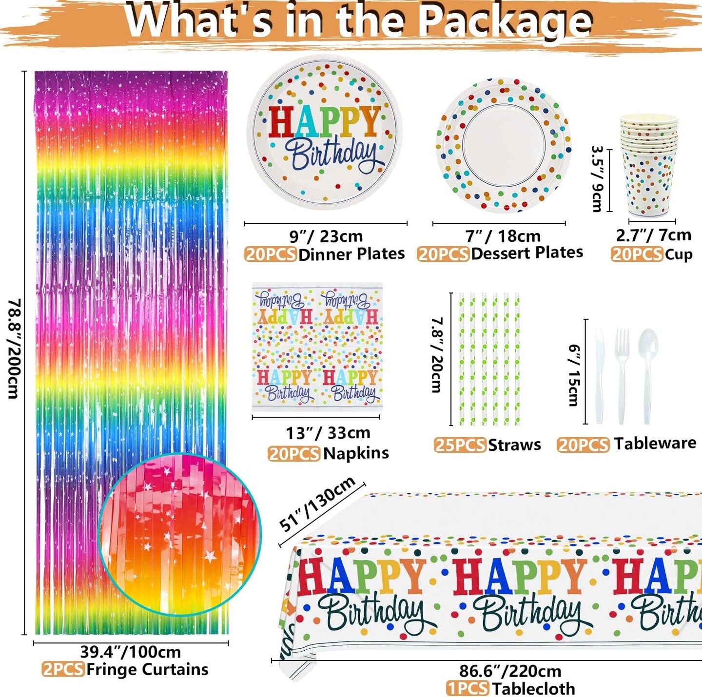 212 PCS Rainbow Party Supplies - Colorful Balloons, Polka Dot Banner, Fringe Curtains, Cake Topper, Plates, Napkins, Cups and Tablecloth for Kid Confetti Sprinkle Party Decorations, Serve 20 Guests