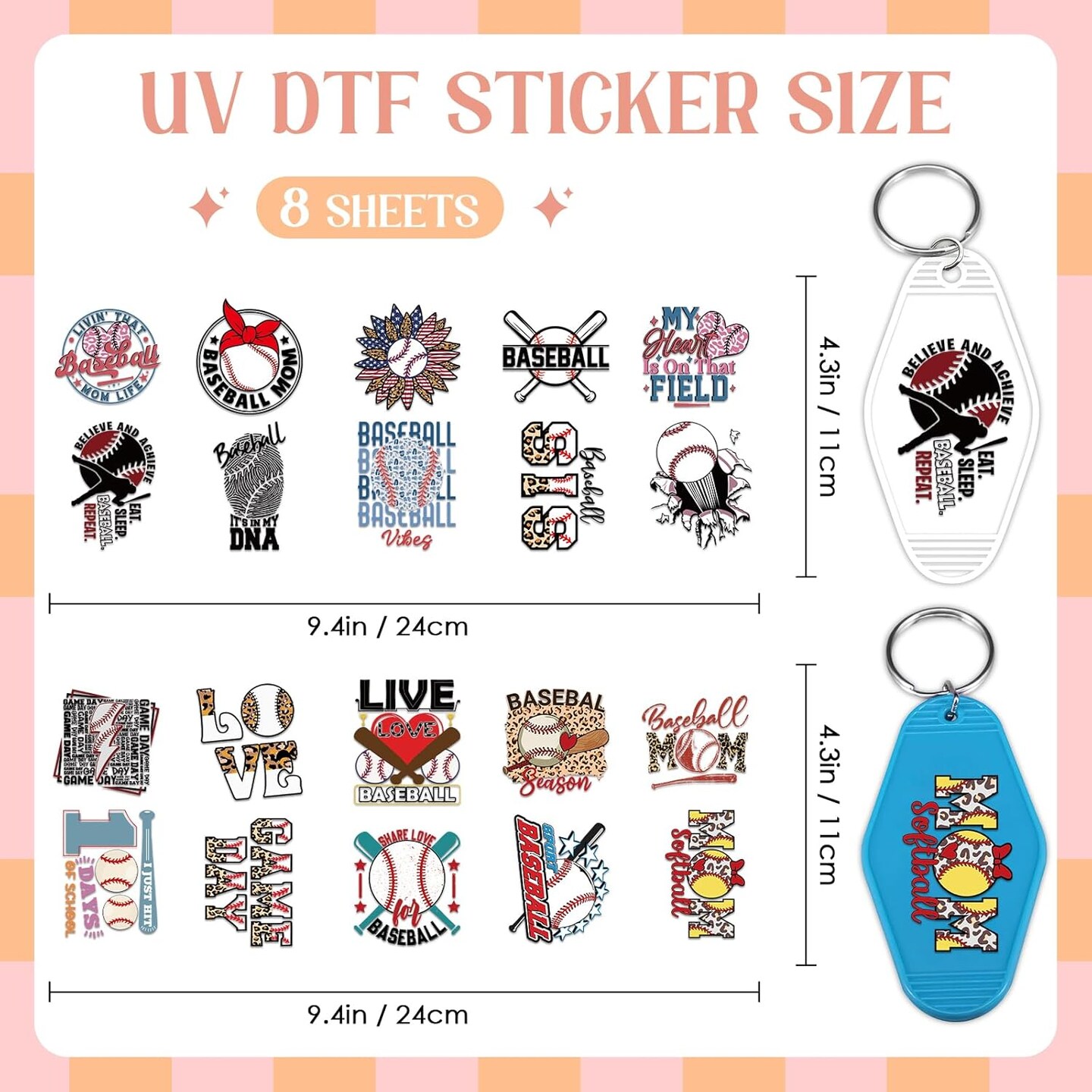 Keychain UV DTF Wraps Stickers - 8 Sheets Baseball Enthusiast Uvdtf Wrap Decals for Blank Keychain Decoration, Share Love Baseball Waterproof Transfer Stickers DIY Motel Keychain Craft Creative Decor
