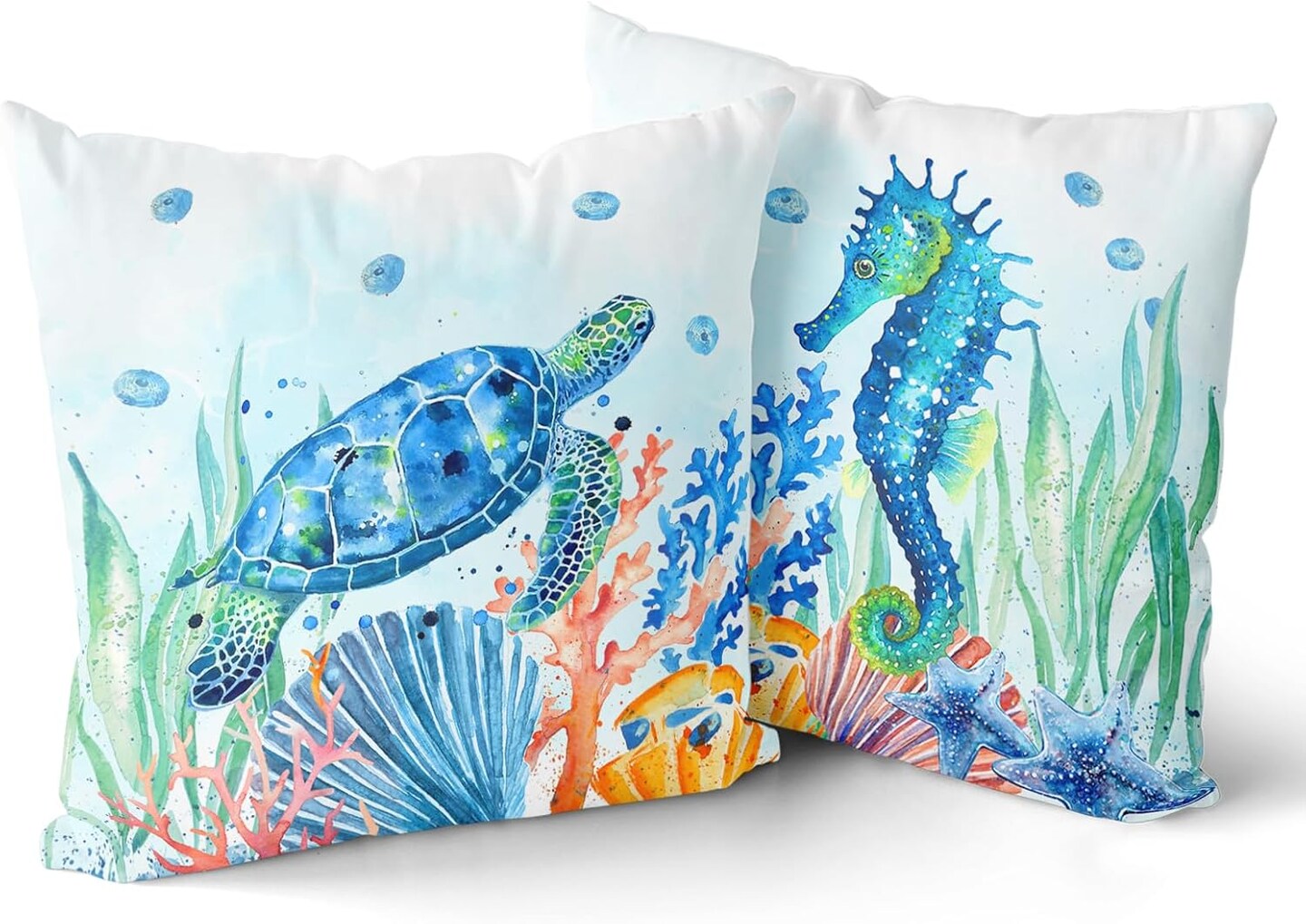 Coastal Ocean Pillow Covers Set of 2-18"x18" Sea Turtles Seahorse Decorative Throw Pillow Cases- Watercolor Marine Animals Double Sided Square Cushion Covers for Sofa Couch Bed Car