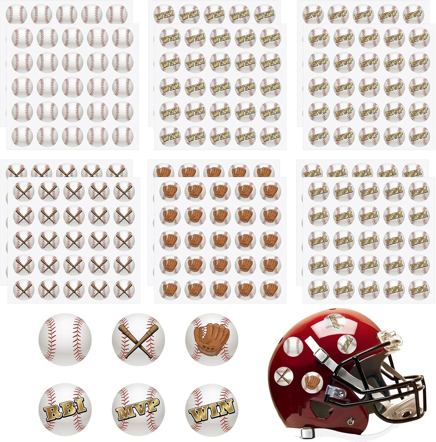 300 Pcs 12 Sheets Baseball Helmet Stickers 1.18 Inch Waterproof Round Helmet Vinyl Decals for Baseball Helmet Award Laptop Water Bottle Scrapbook Sport Party
