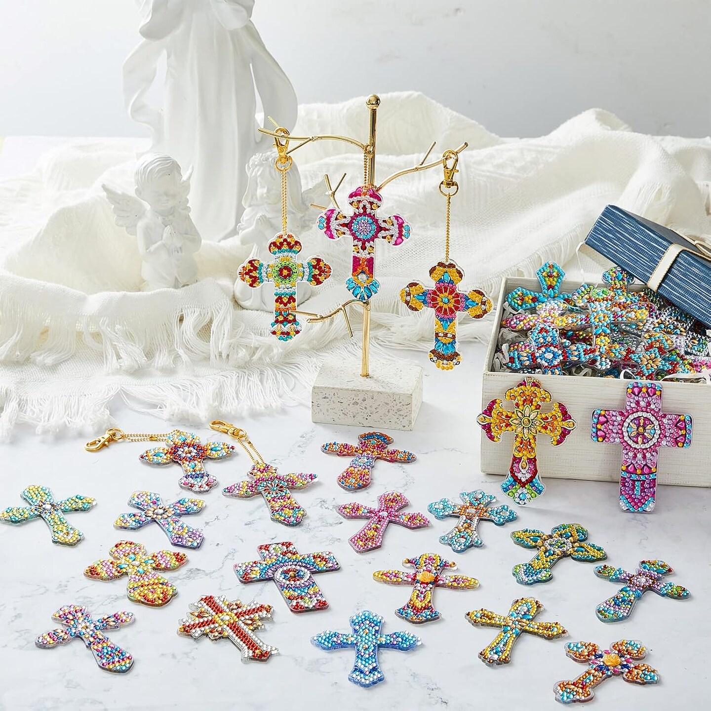 8 Pcs Diamond Painting Keychains Double Sided Cross Shaped Rhinestone Painting Art Gem Key Rings DIY Glittering Ornament Pendant for Beginners Adults Kids Art Craft Supplies Gift (Cross B)