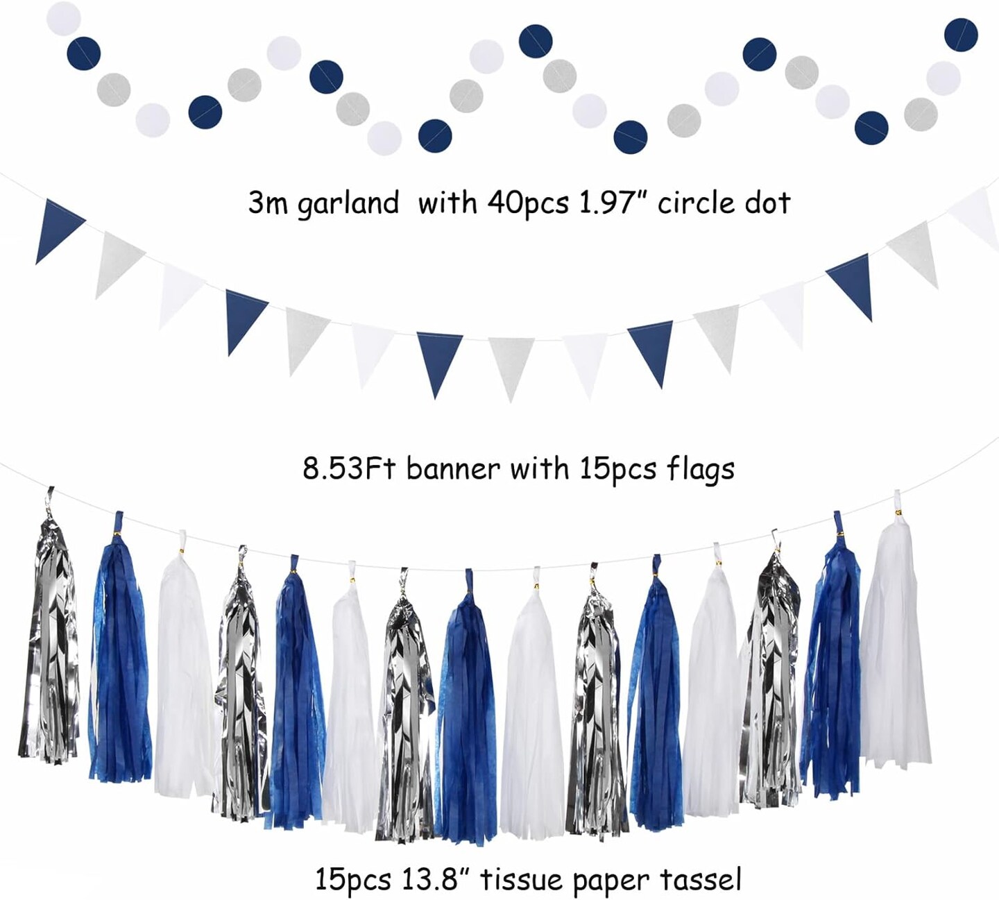 Navy-Blue White-Silver Graduation Party-Decorations - 33pcs Kits Banner, Streamers Tassel Garland,Tissue Pom Poms Honeycomb, Paper Lantern Fans,Wedding Birthday Baby Shower Backdrop Decor Hugtmr