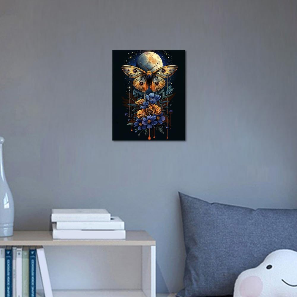 DIY Paint by Numbers Butterfly with Moon Stars Paint by Number for Adults Beginner with Paintbrushes Floral Moon Painting by Numbers Kits on Canvas Art Crafts, 16&#x22;x20&#x22;(Frameless)