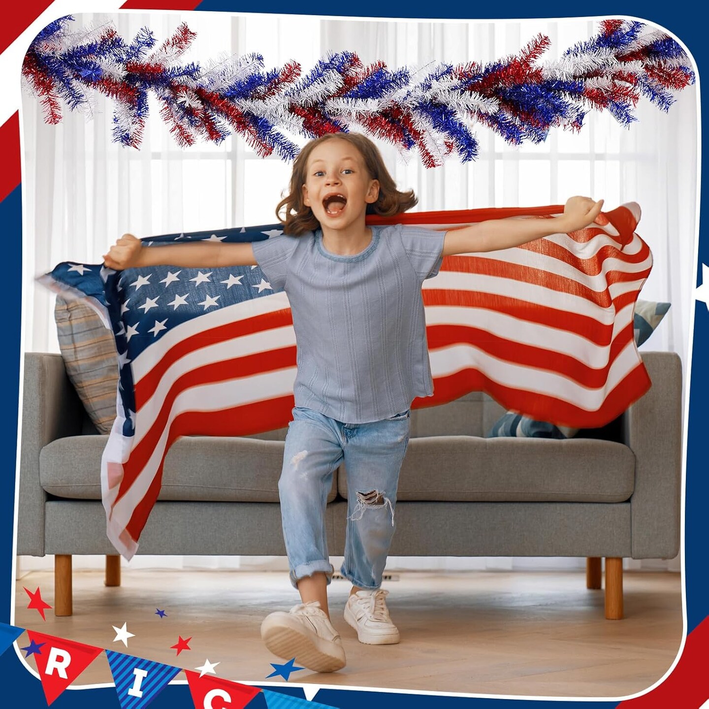 6 ft Memorial Day Garland with 30 Fairy Light 4th of July Red White and Blue Pine Cedar Garland Decoration for 250th Anniversary Independence Day Flag Stairs Fireplace Mantel Decor