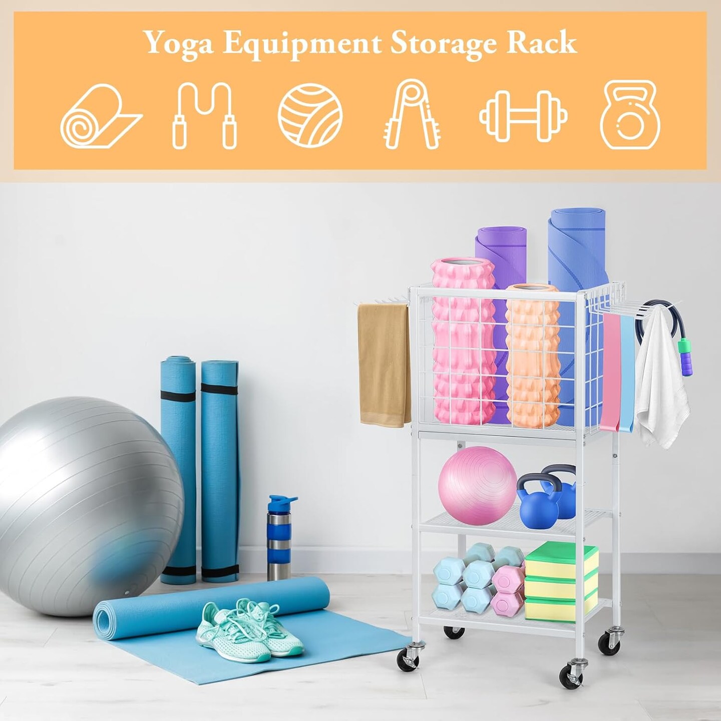 Modern Home Gym Weight White Rack with Wheels &#x26; Storage Hooks &#x2013; 3-Tier Organizer for Dumbbells, Resistance Bands, Yoga Mat, and Fitness Accessories