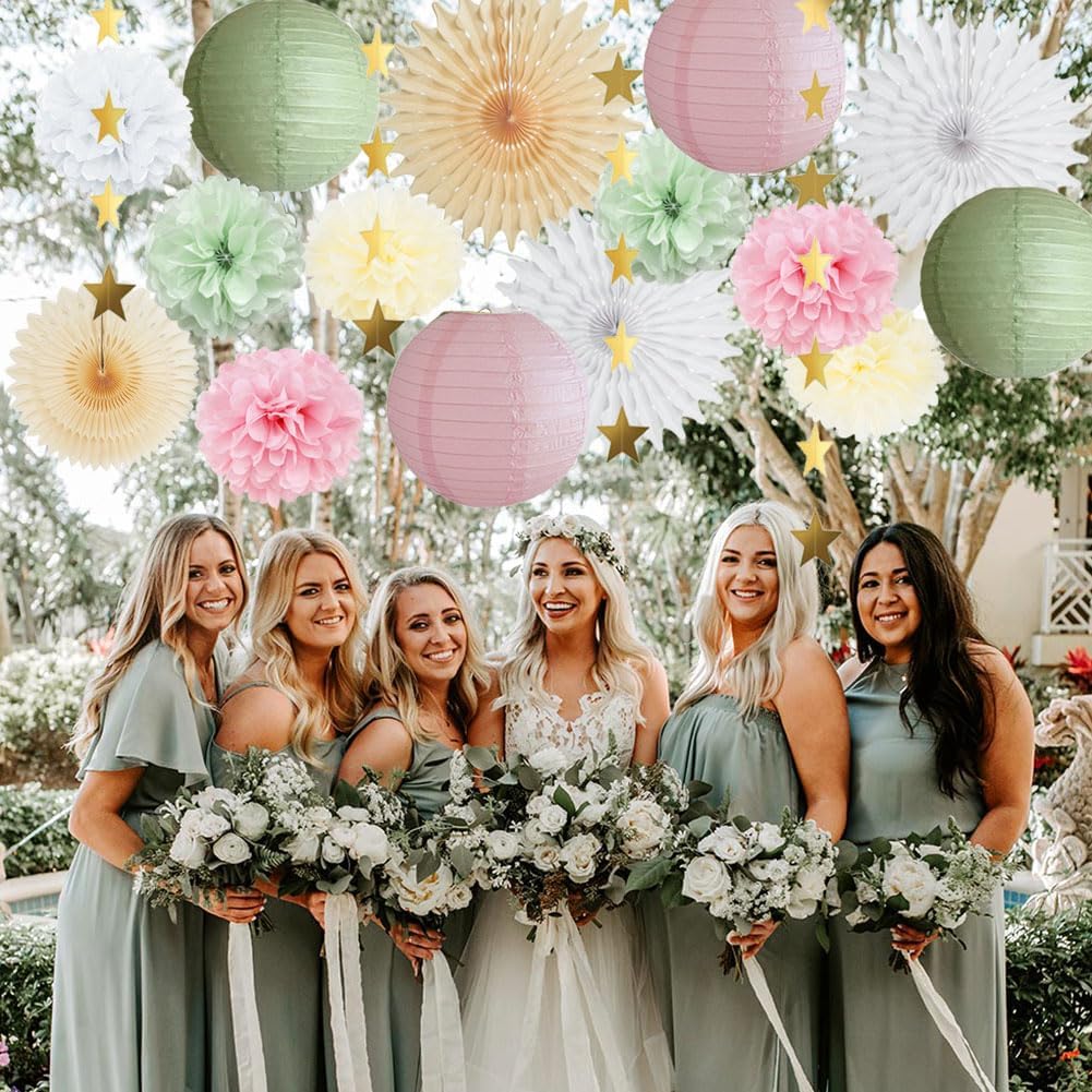 Sage Green and Pink Party Decorations Paper Lanterns Decorative Pink Gold Tissue Paper Pom Poms Sage Green Party Decorations Gold Star Garland for Baby Shower Bridal Shower Birthday Wedding Engagement