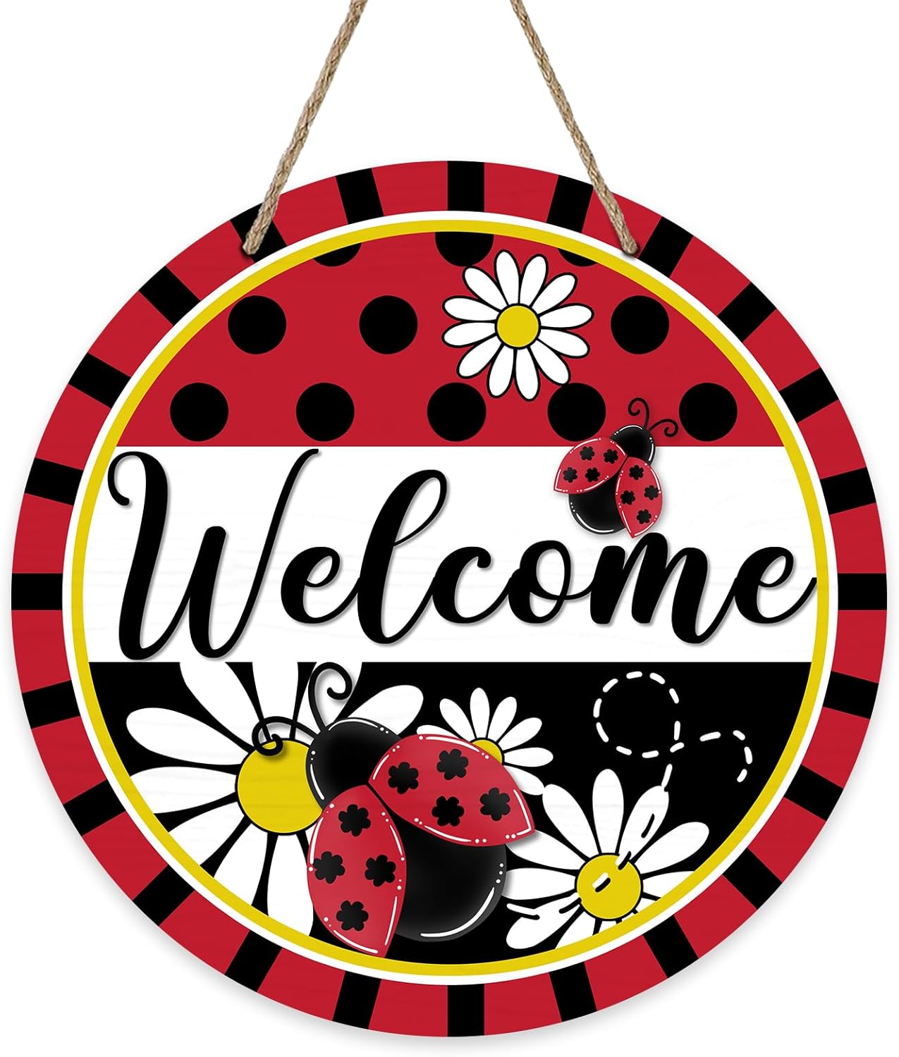 Summer Ladybug Front Door Sign, Daisy Flower Red Black Wood Door Hanger Outdoor Outside Porch Decor, Polka Dot Stripes Seasonal Wooden Wreath Indoor Wall Hanging Decoration