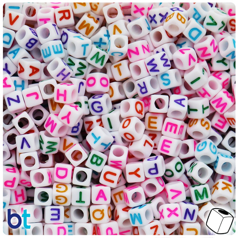 BeadTin White Opaque 6mm Cube Plastic Alpha Beads - Colored Letter Mix (200pcs)