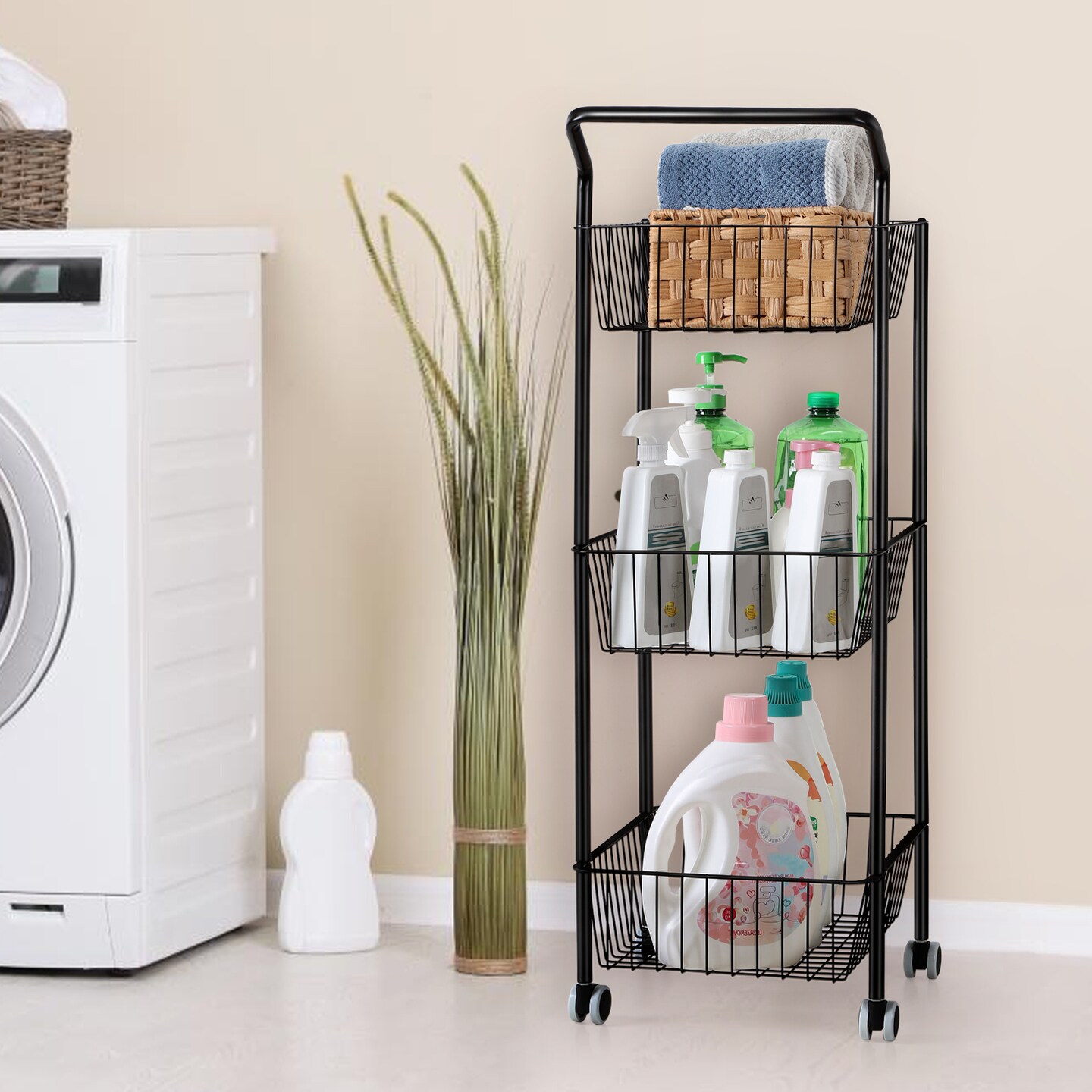 3-Tier Narrow Metal Rolling Cart with Lockable Wheels & Handle – Space-Saving Kitchen Storage Cart, Bathroom/Office Utility Cart, Heavy-Duty Wire Basket Organizer