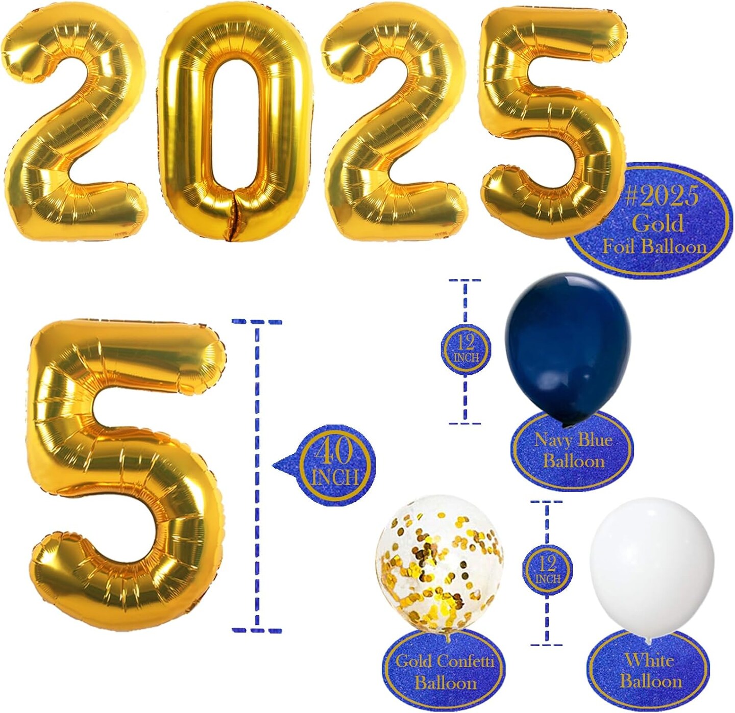 Graduation Party Supplies 2025 Decorations Kit, Gold 2025 Balloons, Graduation Photo Booth Props 2025, Navy Blue Gold and White Balloons Set, Class of 2025, Congrats Grad