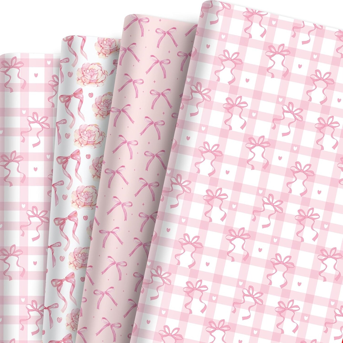 12 Sheets Pink Bow Wrapping Paper – Floral, Plaid, Heart & Bow Designs, Folded Flat Craft Paper for Valentine’s Day, Wedding, Baby Shower, Birthday (Pink Bow) 19.7 x 27.6 Inch