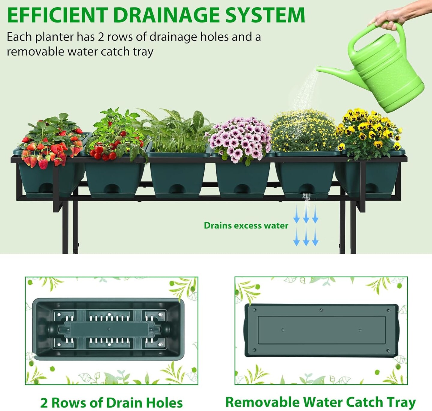 Raised Garden Bed with Wheels &#x26; Storage Shelf - 43x17x29in/109x43x74cm Elevated Planter Box, 6 Individual Planters for Vegetables, Herbs, Flowers (Green, Outdoor/Indoor)