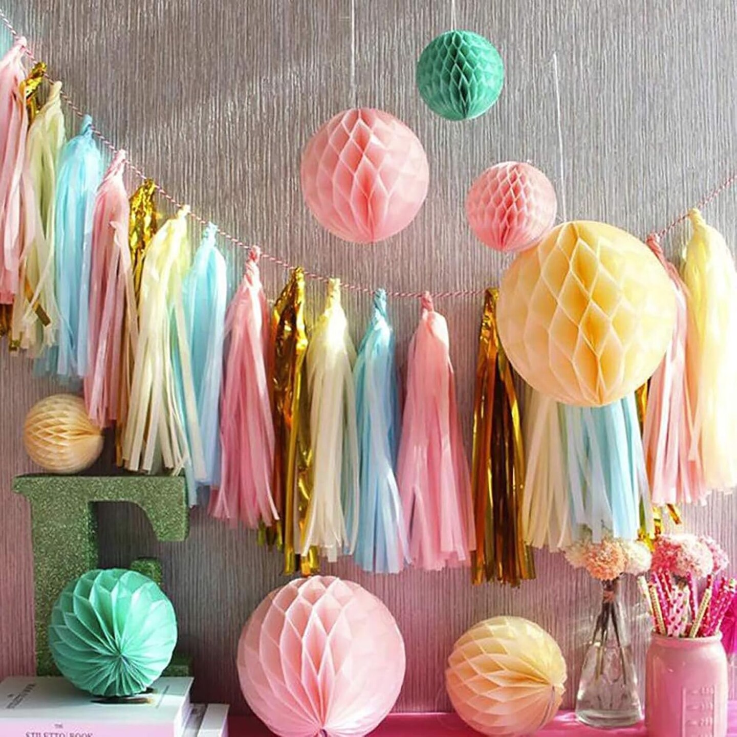 Shiny Tassel Garland Tissue Paper Tassel Banner,Table Decor,DIY Kits for Mermaid Party, Tassels Party Decoration,Pack of 20(Lavender,Light Blue,Mint,Silver)