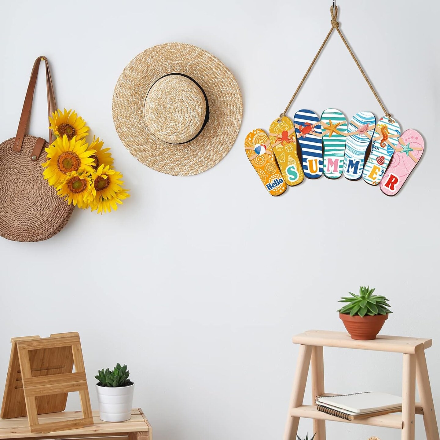 Hello Summer Door Sign Summer Wreaths for Front Door Hanger Rustic Wooden Daisy Wall Decor Flower Flip Flops Welcome Hanging Sign for Home Office Indoor Outdoor Decoration