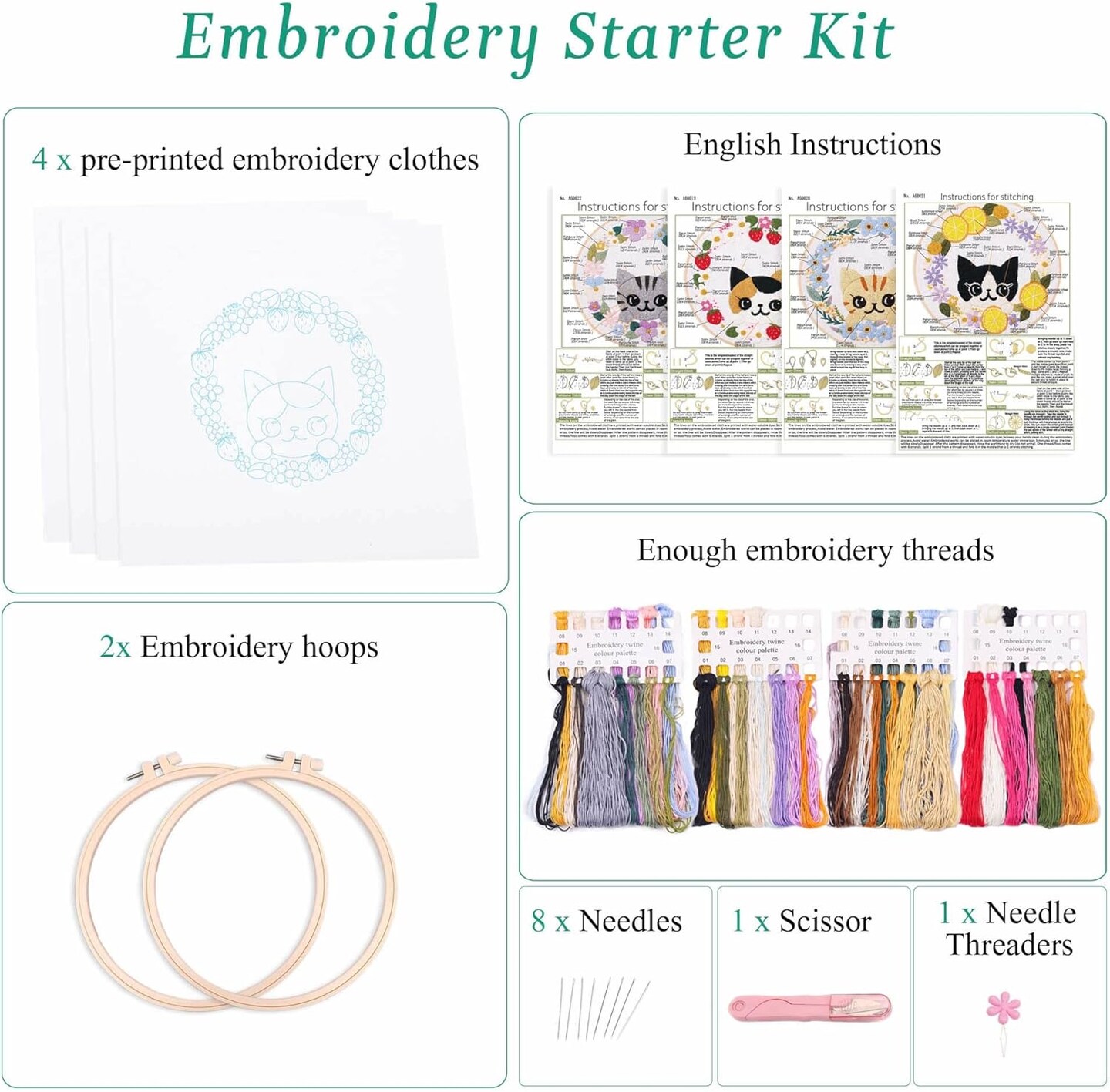 4pcs Beginner Embroidery Kit,Cute cat Pattern,Cross Stitch Kits