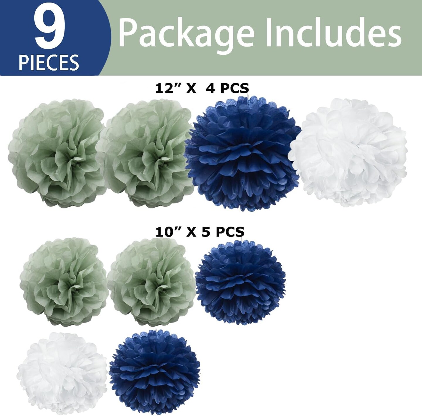 Navy Blue Sage Green Living Room Wall Decor - Hanging Tissue Pom Poms Paper Flowers Backdrop Boho Boy Baby Shower Nursery Bedroom Wedding Bridal Shower Party Décor, 9PCS